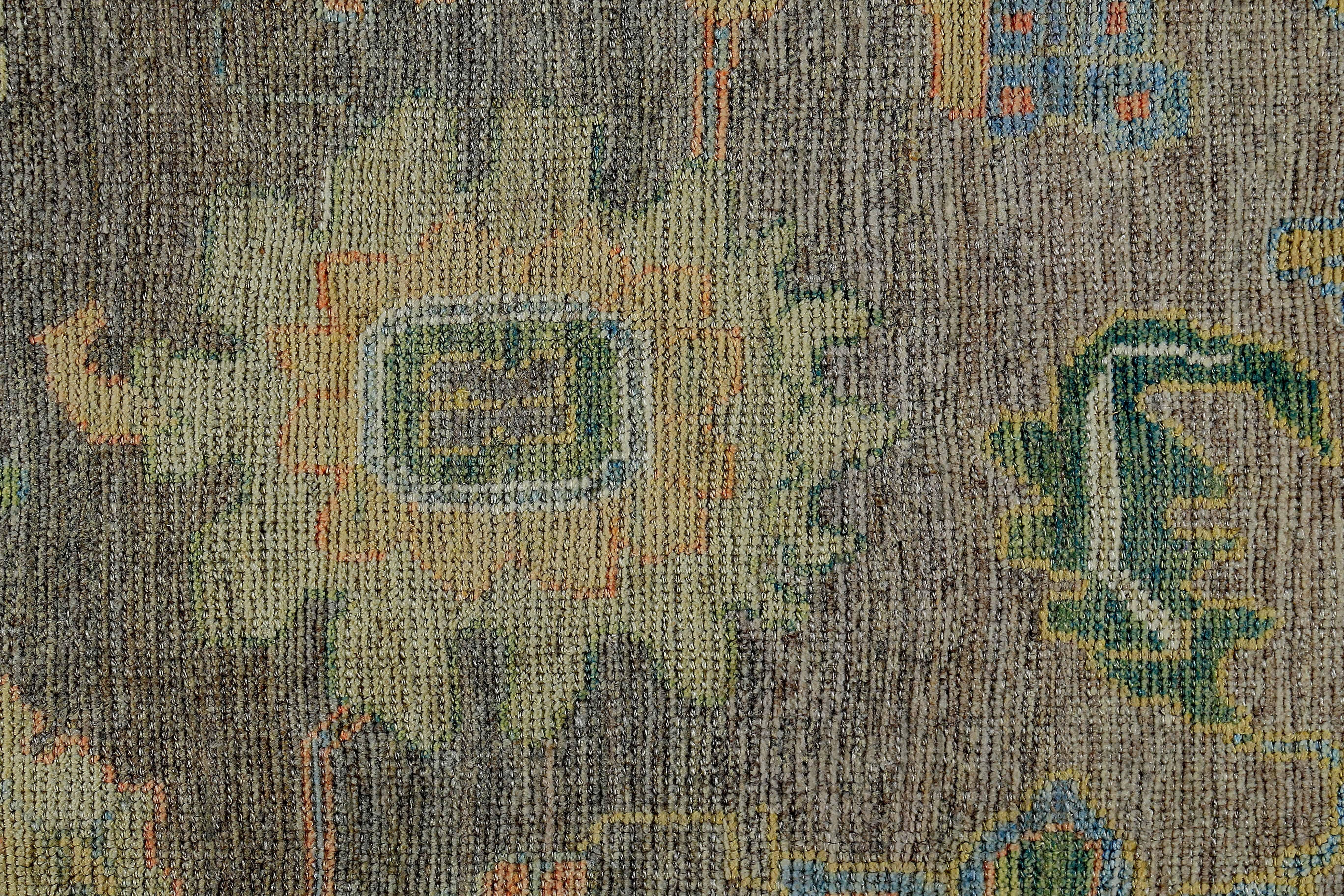 Turkish Oushak Rug with Green and Pink Floral Details on Brown Field In New Condition For Sale In Dallas, TX