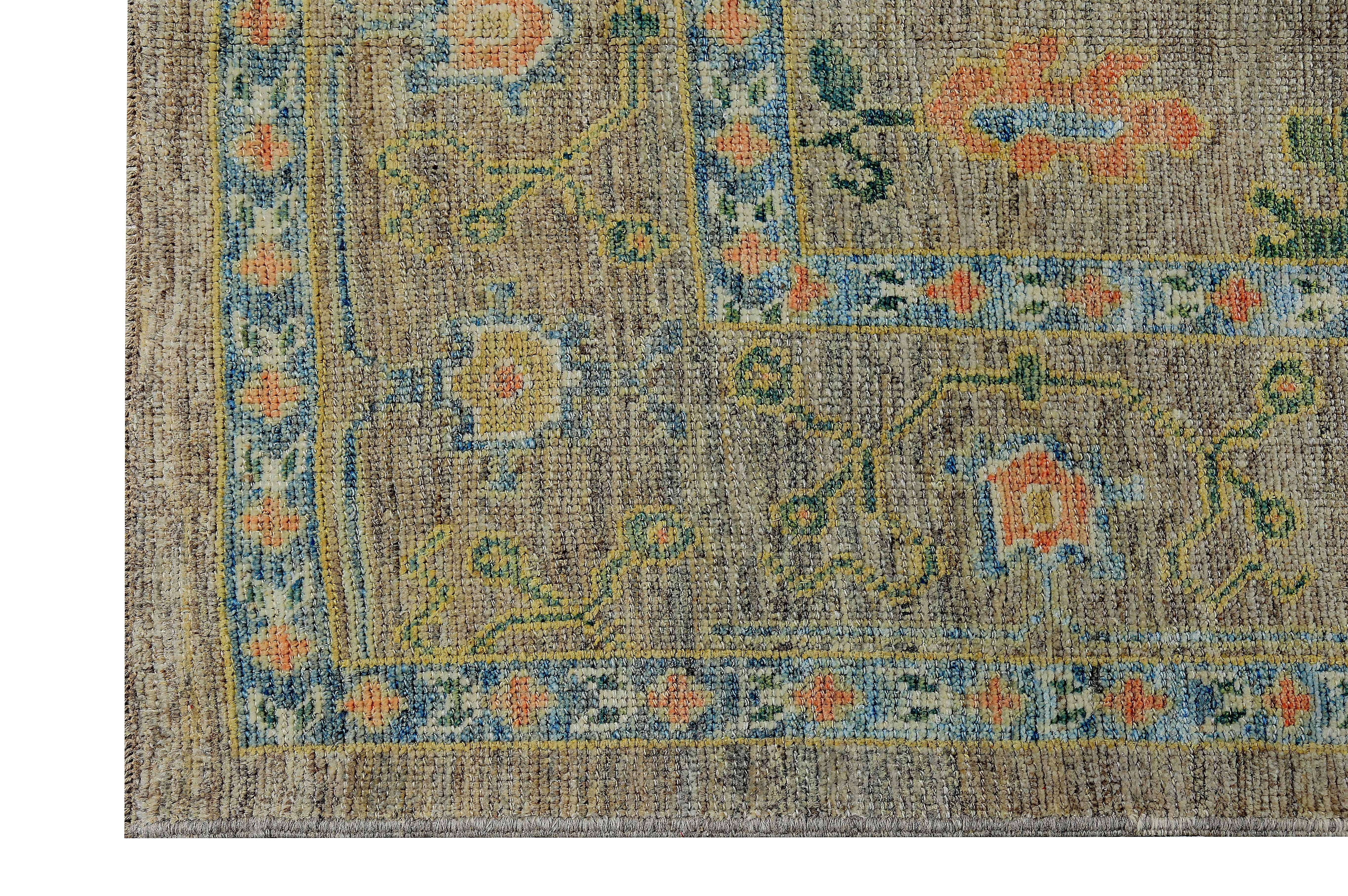 Contemporary Turkish Oushak Rug with Green and Pink Floral Details on Brown Field For Sale