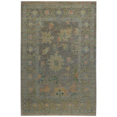 Turkish Oushak Rug with Green and Pink Floral Details on Brown Field