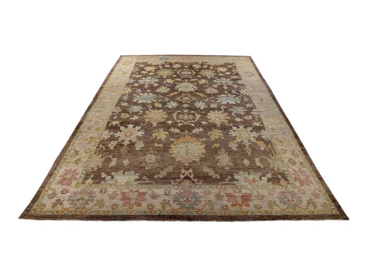 Turkish Oushak Rug with Green and Pink Flower Patterns on Brown and ...