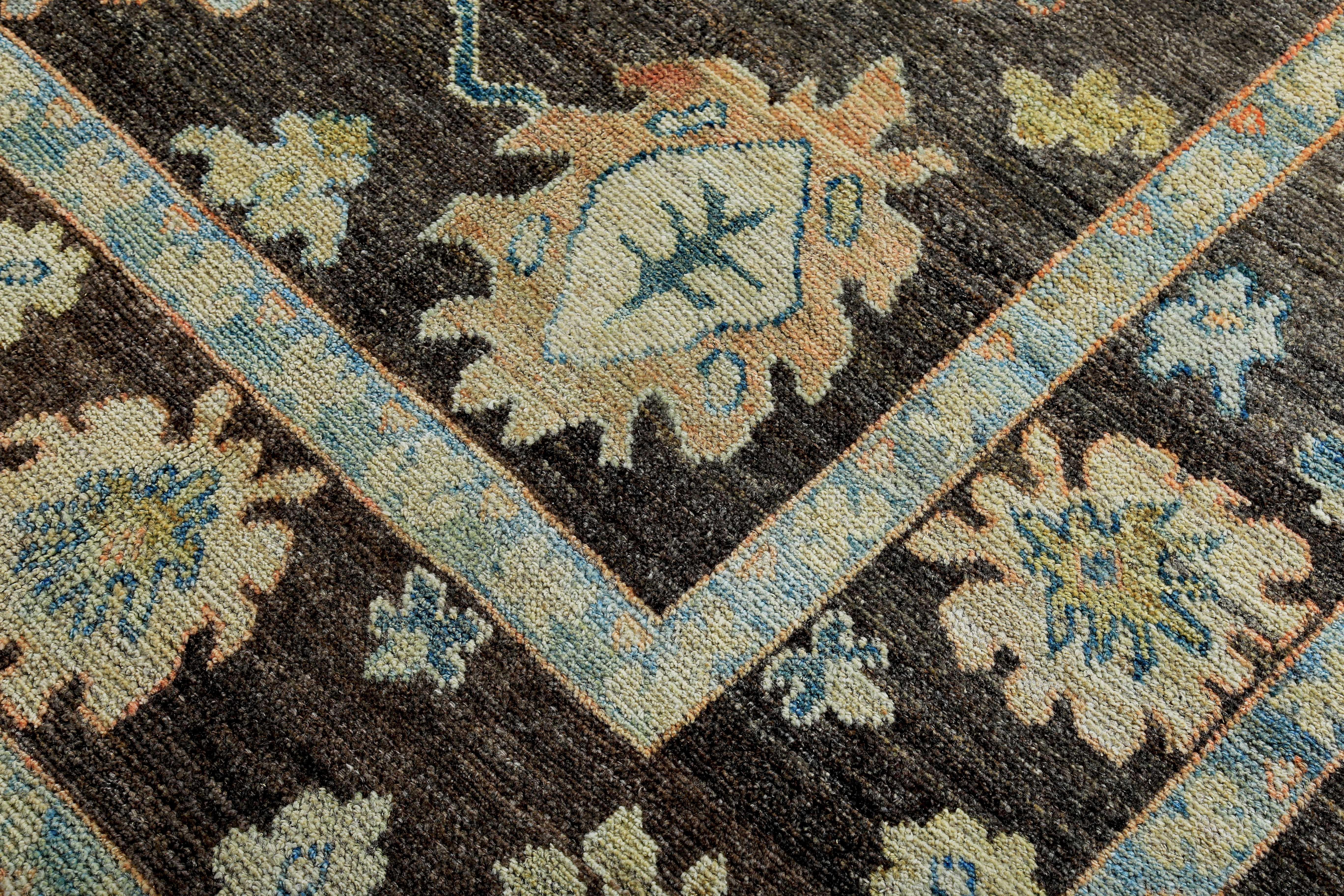 Hand-Woven Turkish Oushak Rug with Ivory and Blue Floral Details on Brown Field For Sale