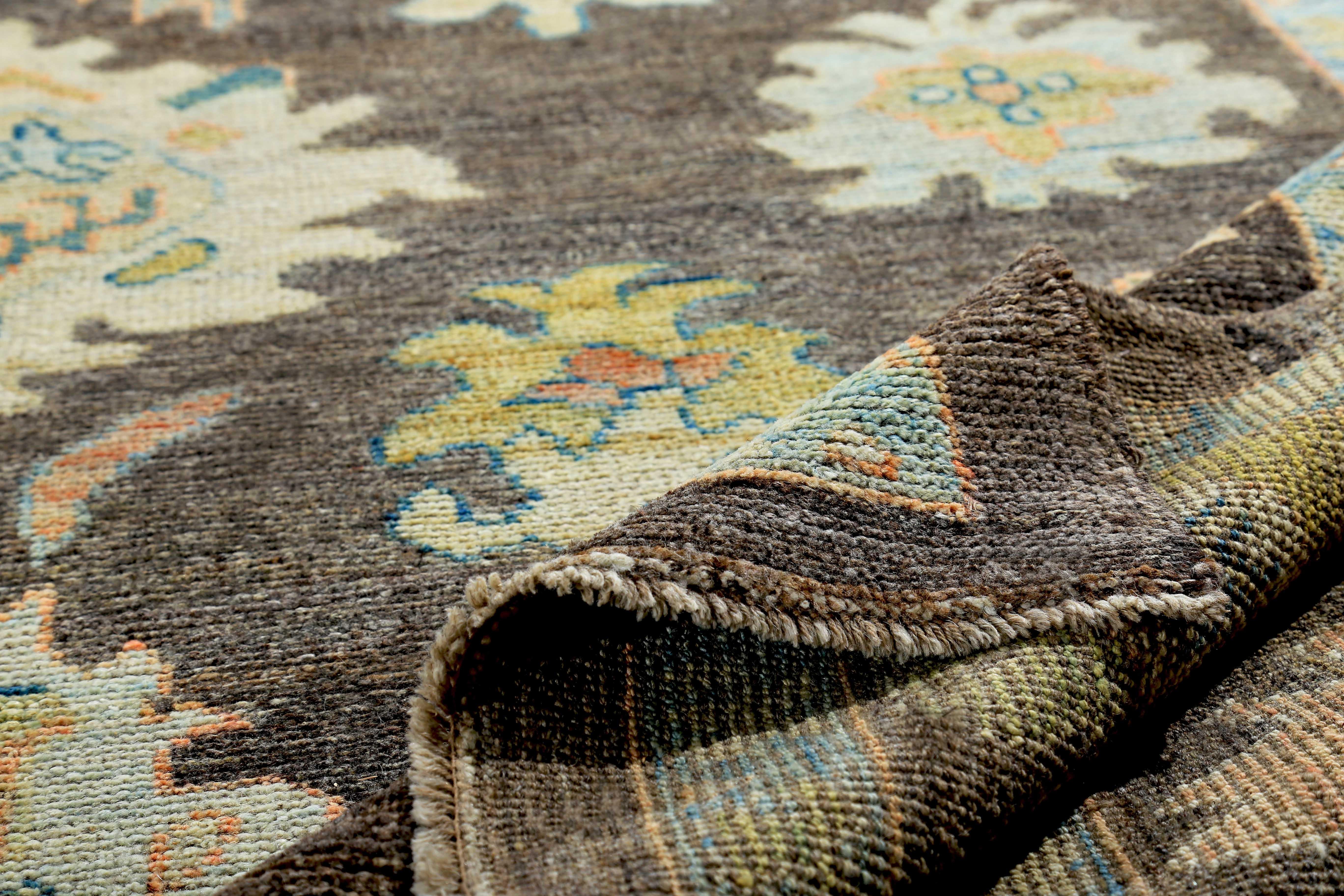 Turkish Oushak Rug with Ivory and Blue Floral Details on Brown Field In New Condition For Sale In Dallas, TX