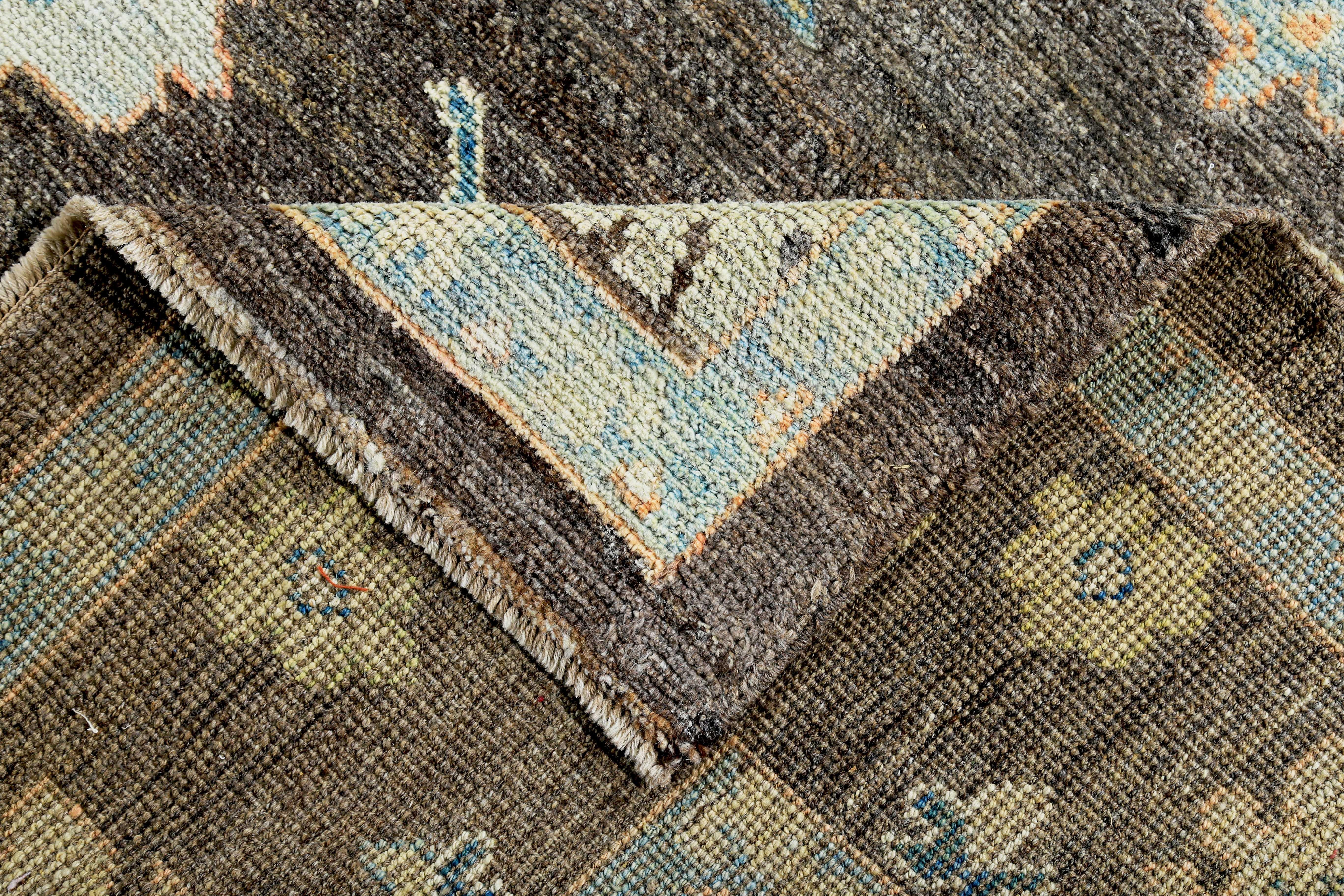 Wool Turkish Oushak Rug with Ivory and Blue Floral Details on Brown Field For Sale