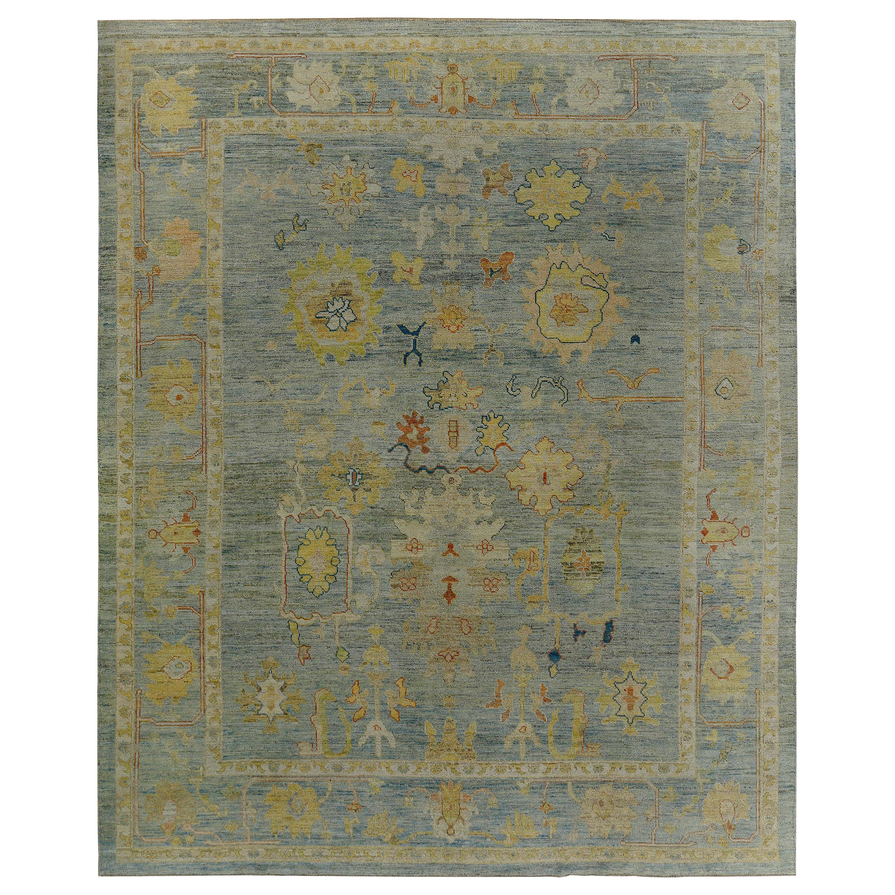 Turkish Oushak Rug with Ivory & Gold Floral Details on Blue Field
