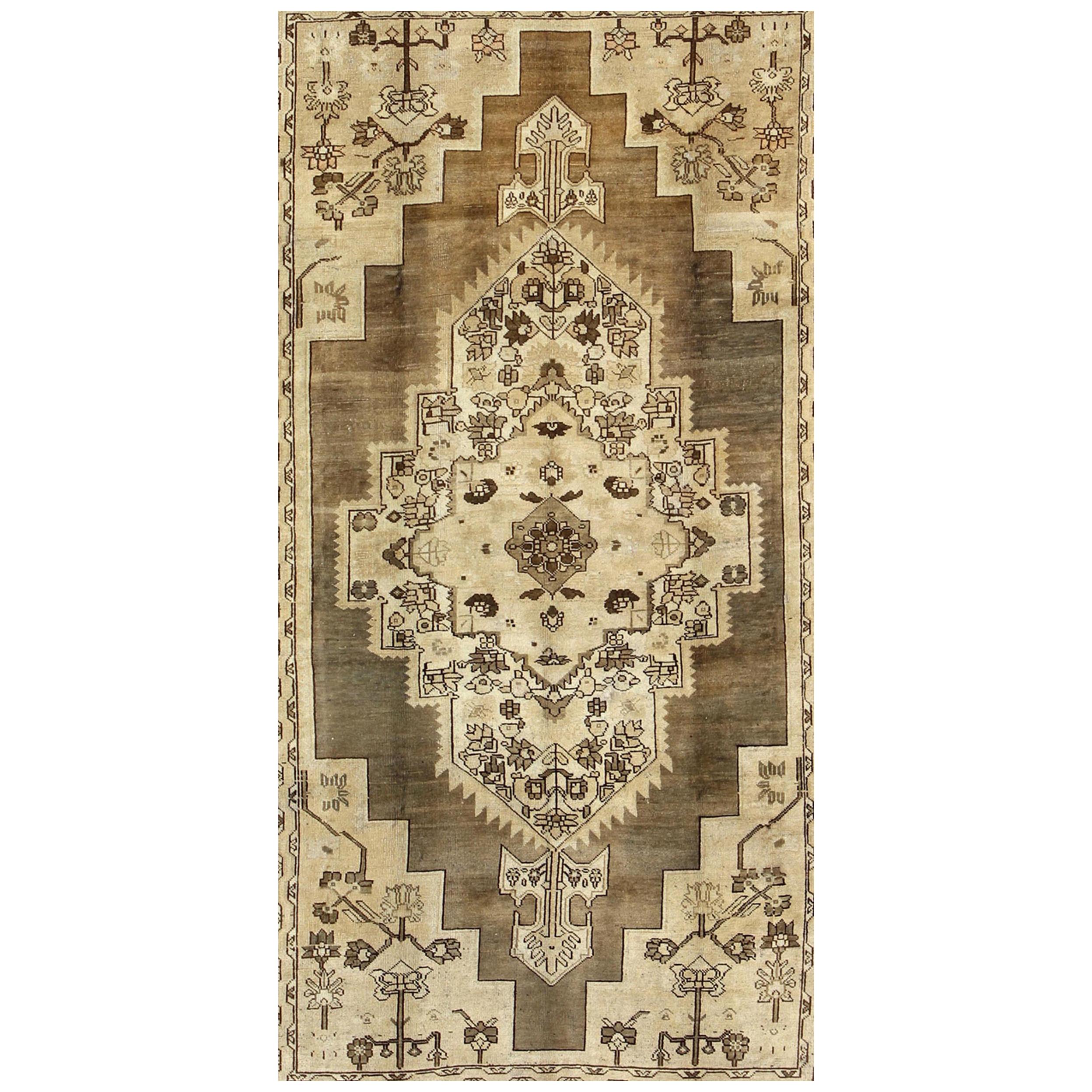 Turkish Oushak Rug with Layered Sub-Geometric Vintage in Shades of Brown & Cream For Sale