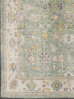 Turkish Oushak Rug with Mint Green Color Palette and All-Over Design
