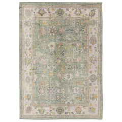Turkish Oushak Rug with Mint Green Color Palette and All-Over Design
