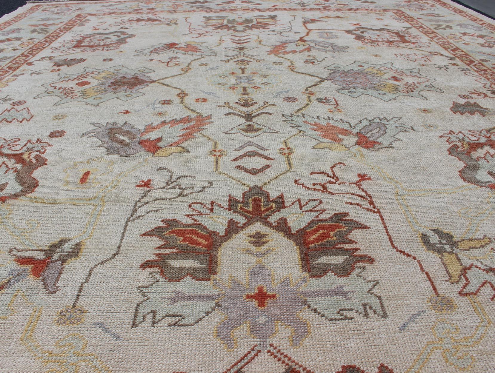 Turkish Oushak Rug with Muted Color Palette and All-Over Flower Design For Sale 4