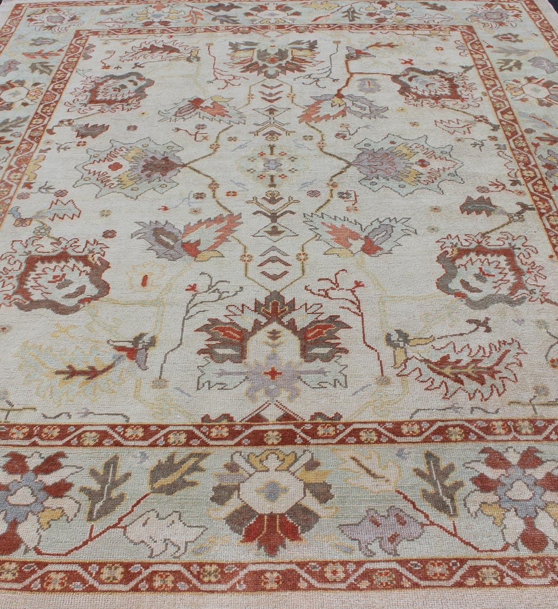 Turkish Oushak Rug with Muted Color Palette and All-Over Flower Design For Sale 5