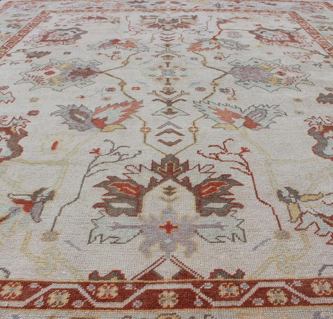 Turkish Oushak Rug with Muted Color Palette and All-Over Flower Design For Sale 2