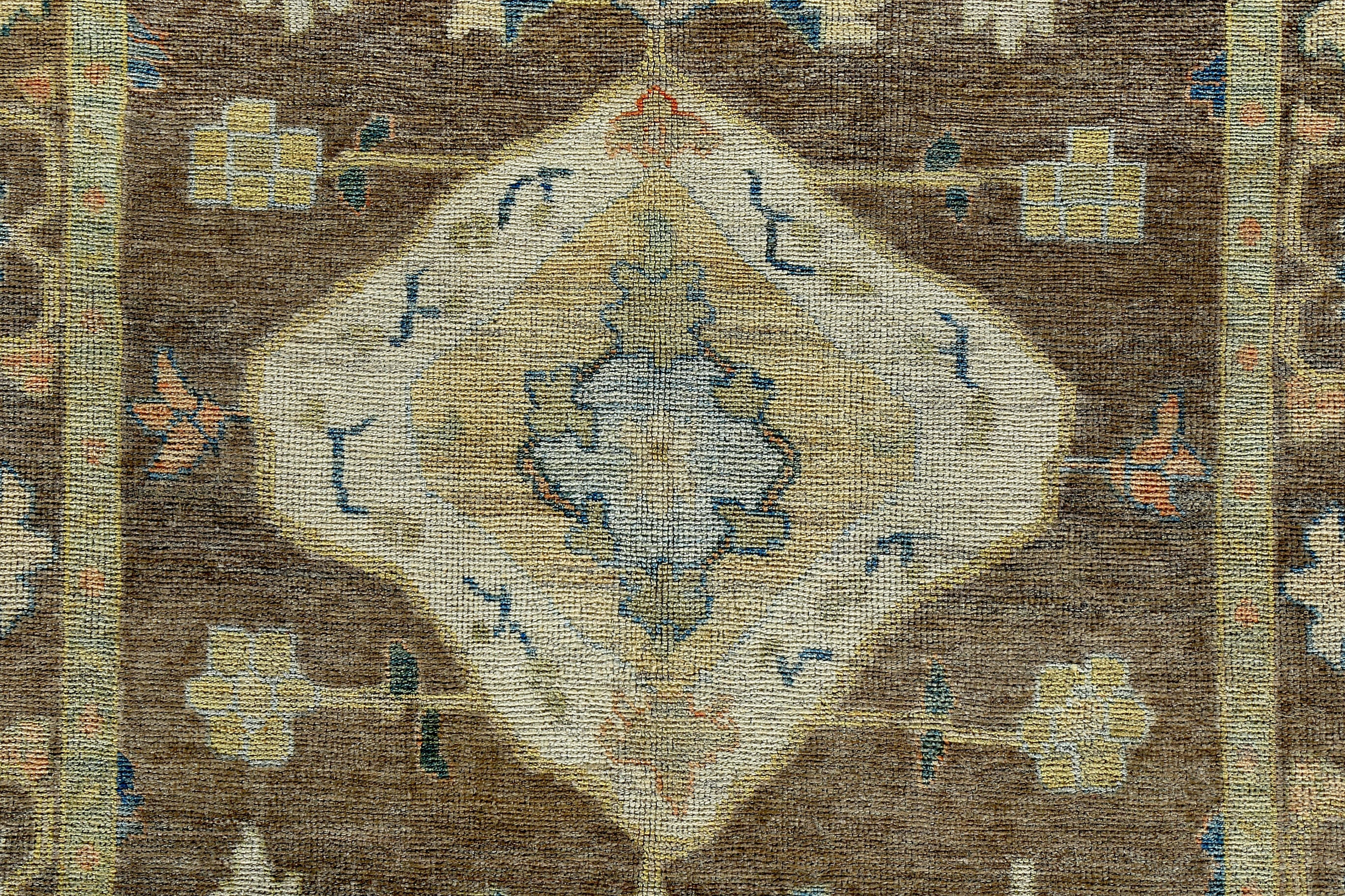 Turkish Oushak Rug with Navy and Ivory Flower Heads on Brown Field In New Condition For Sale In Dallas, TX