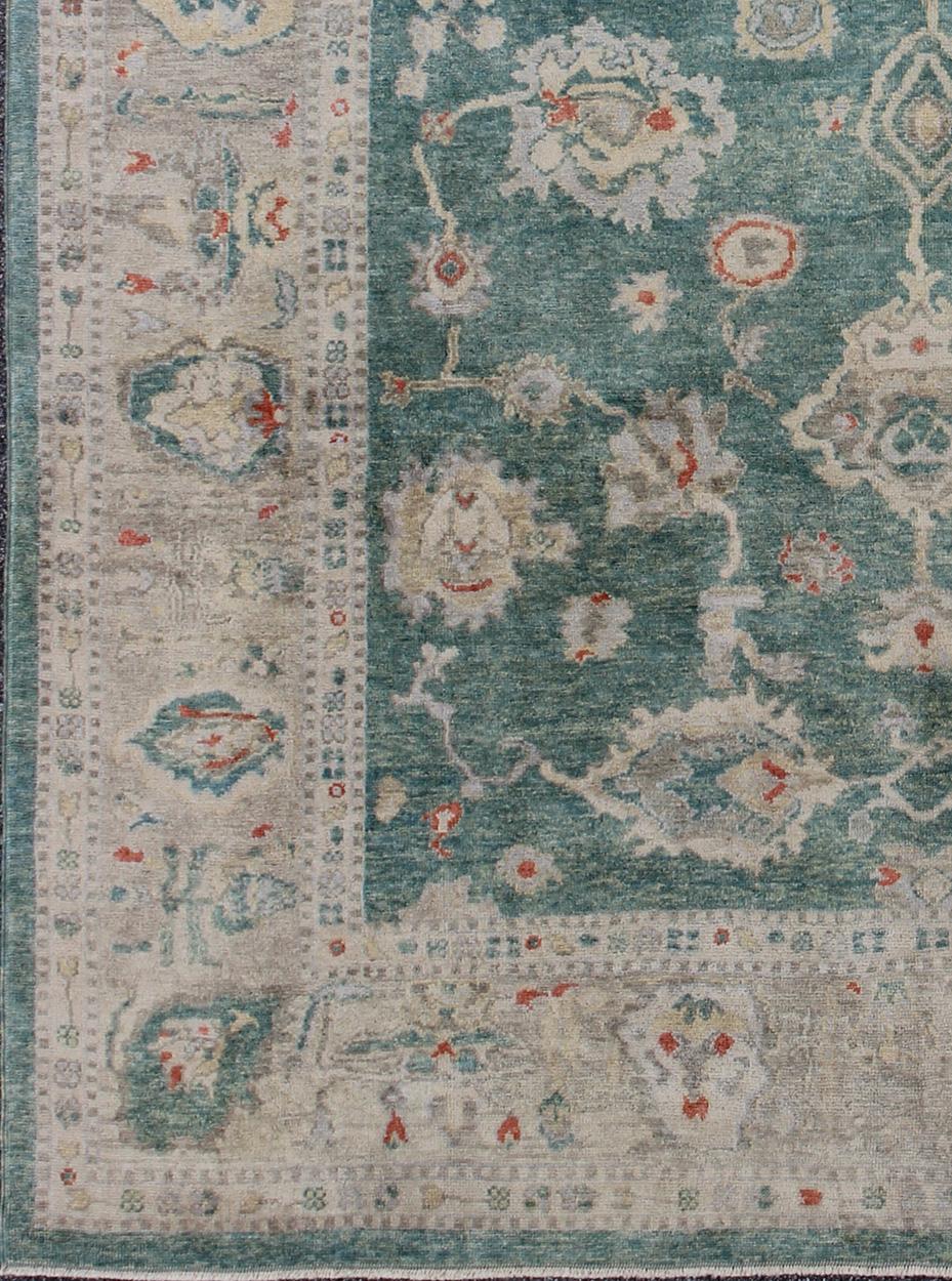 Green Color Turkish Oushak Rug Made with Hand Spun Wool & All-Over Design. Turkish Oushak Rug With Green, Taupe, Tan, Blush and Pop of Orange    

Turkish Oushak Rug with Green background and All-Over Flower Design, Keivan Woven Arts/ rug EN-141714,