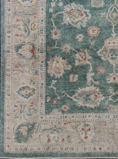 Green Color Turkish Oushak Rug Made with Hand Spun Wool & All-Over Design