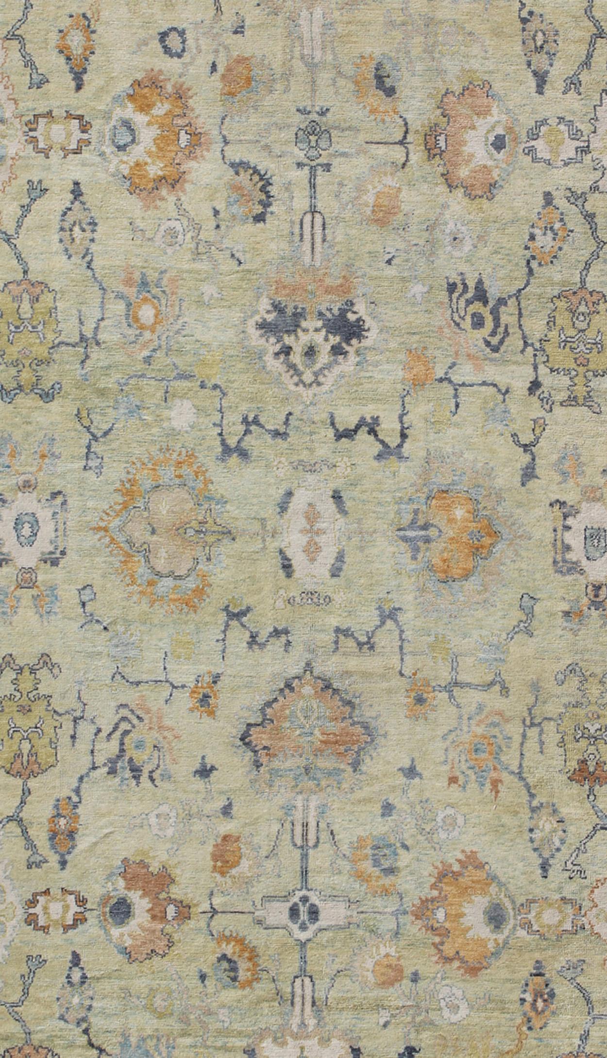 Hand-Knotted Turkish Oushak Rug with Neutral Color Palette and All-Over Flower Design For Sale