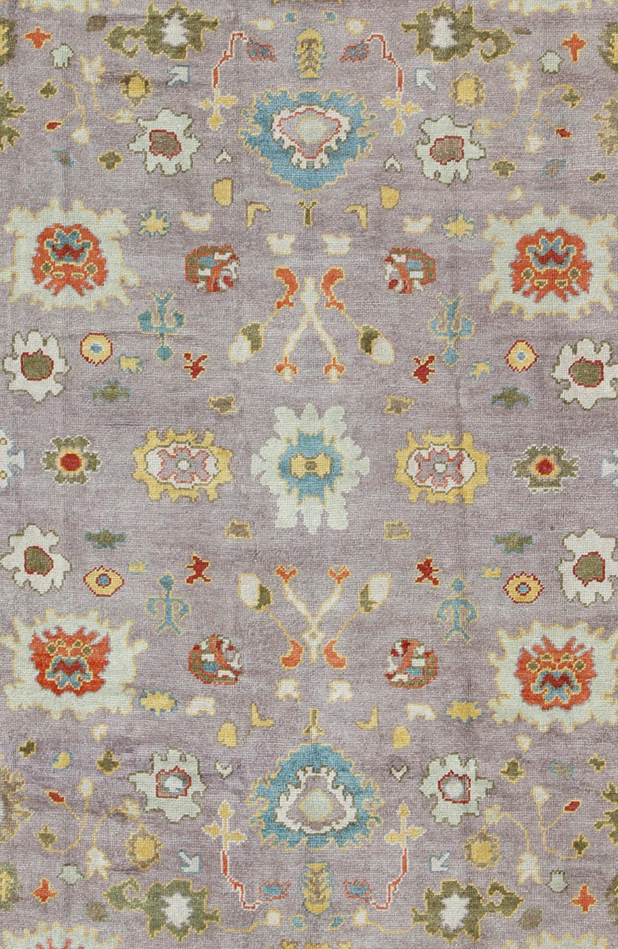 Hand-Knotted Colorful Turkish Oushak Rug with All-Over Flower Design in Lavender, Light Green For Sale