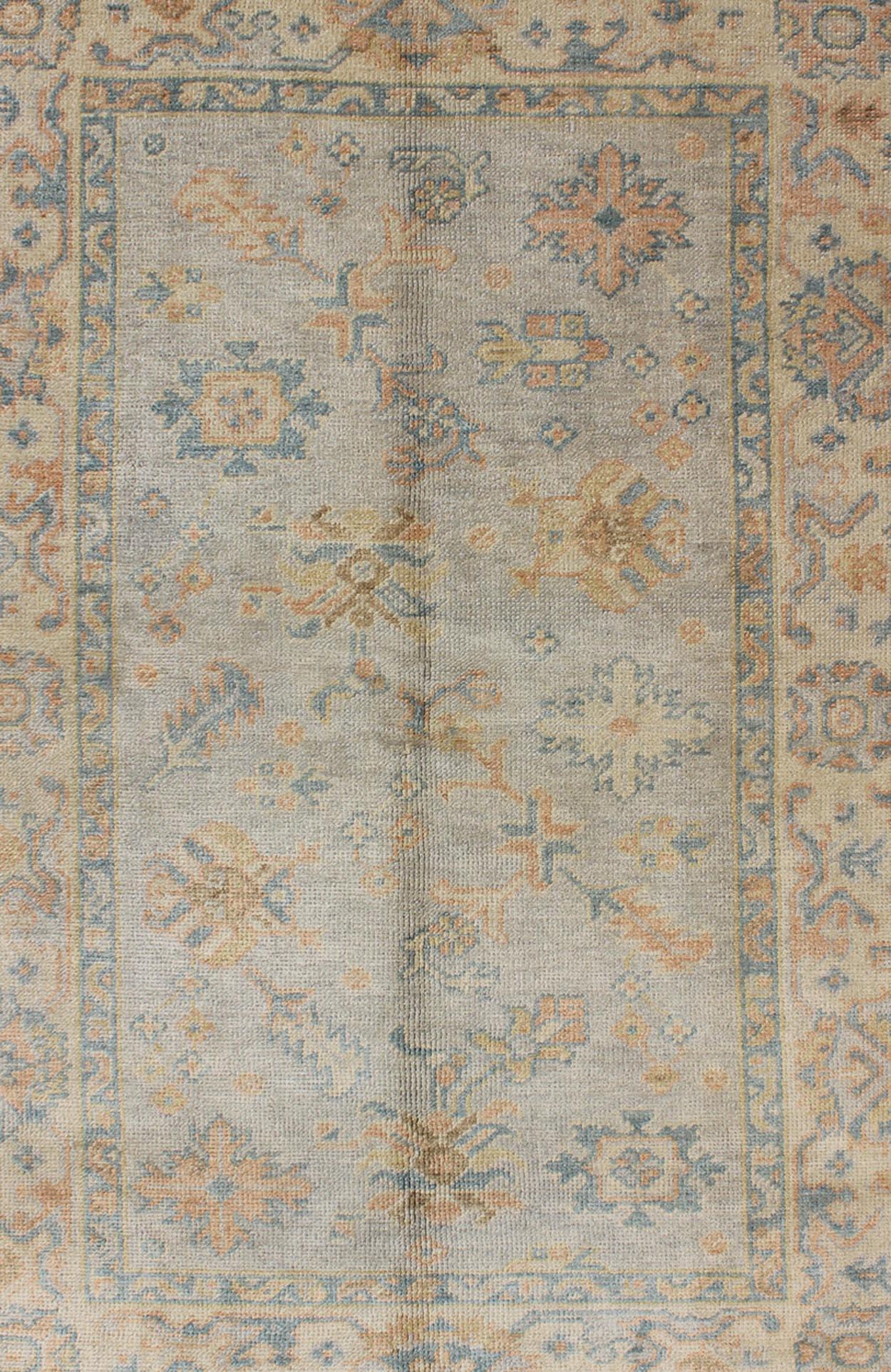 Hand-Knotted Turkish Oushak Rug with Neutral Color Palette and All-Over Flower Design