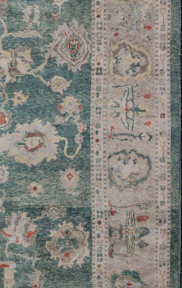 Green Color Turkish Oushak Rug Made with Hand Spun Wool and AllOver