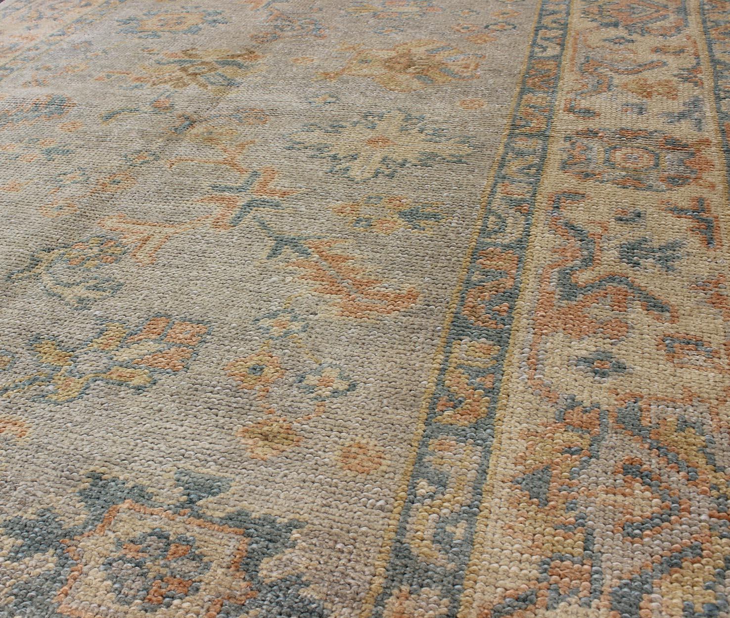 Contemporary Turkish Oushak Rug with Neutral Color Palette and All-Over Flower Design