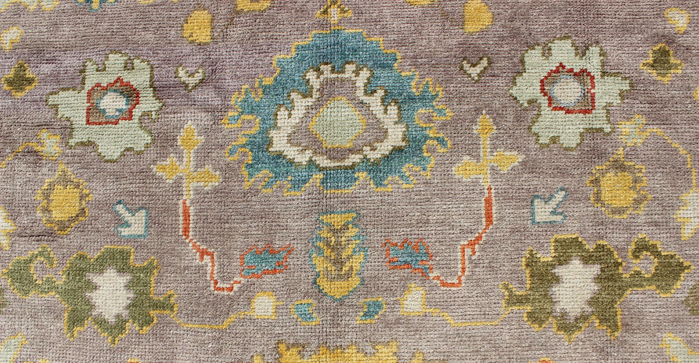 Wool Colorful Turkish Oushak Rug with All-Over Flower Design in Lavender, Light Green For Sale