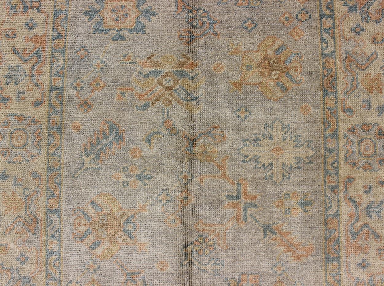 Wool Turkish Oushak Rug with Neutral Color Palette and All-Over Flower Design