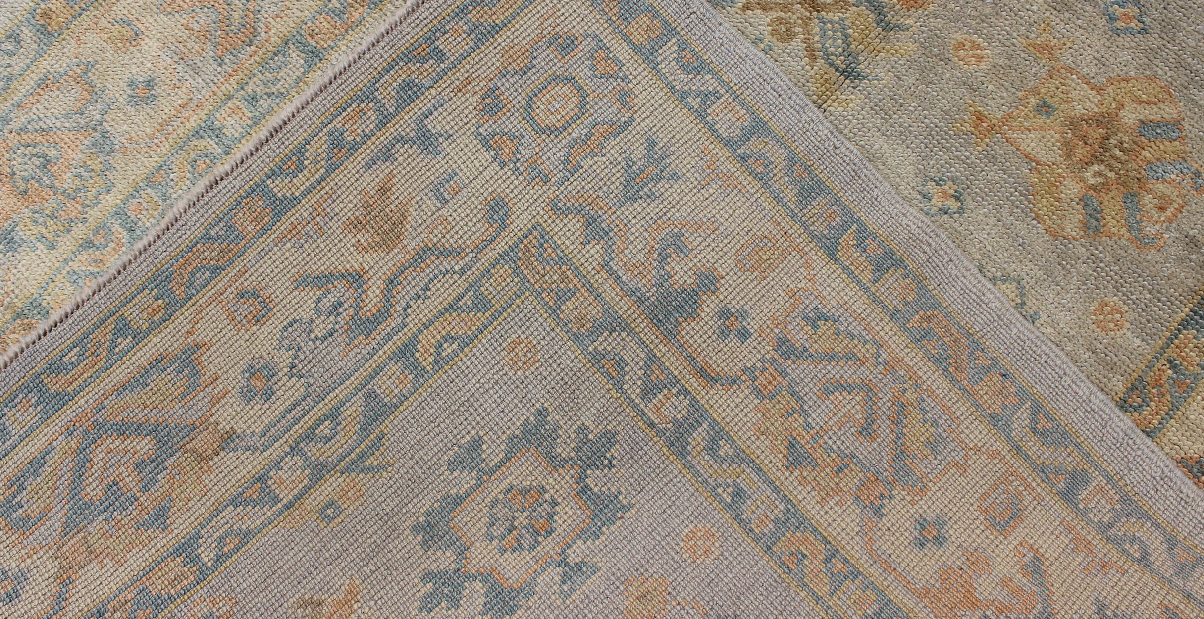 Turkish Oushak Rug with Neutral Color Palette and All-Over Flower Design 1