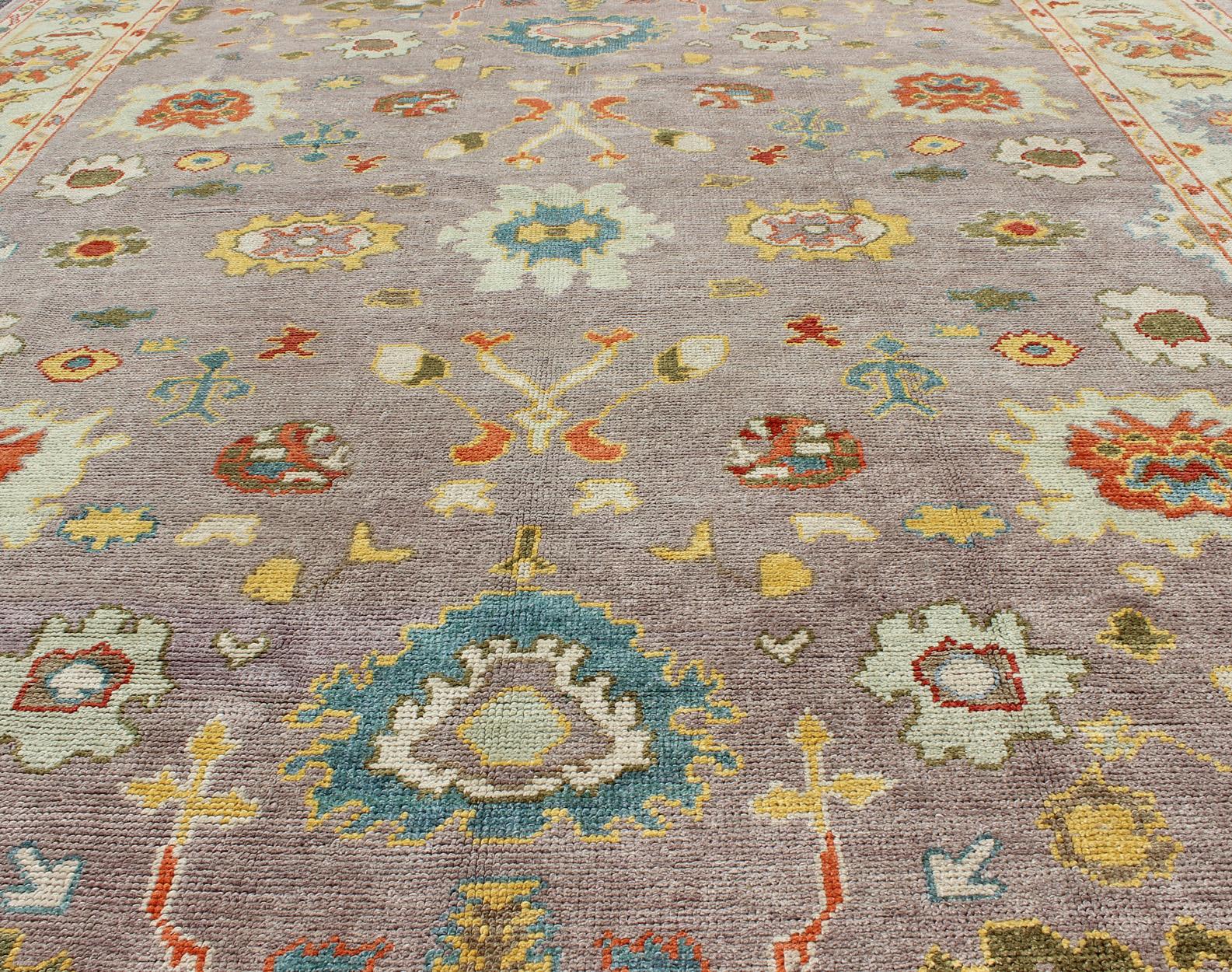 Colorful Turkish Oushak Rug with All-Over Flower Design in Lavender, Light Green For Sale 2