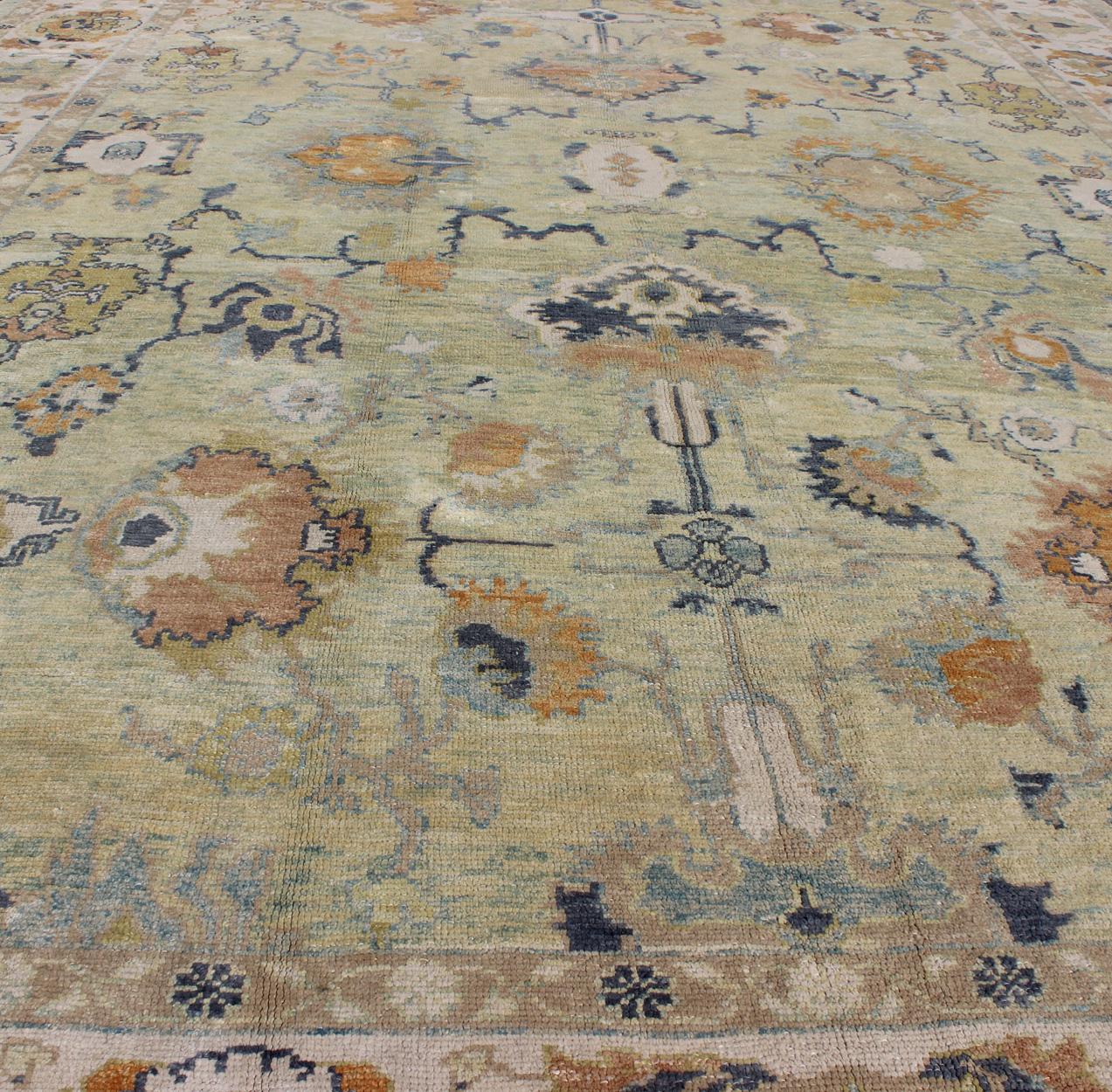 Turkish Oushak Rug with Neutral Color Palette and All-Over Flower Design For Sale 2