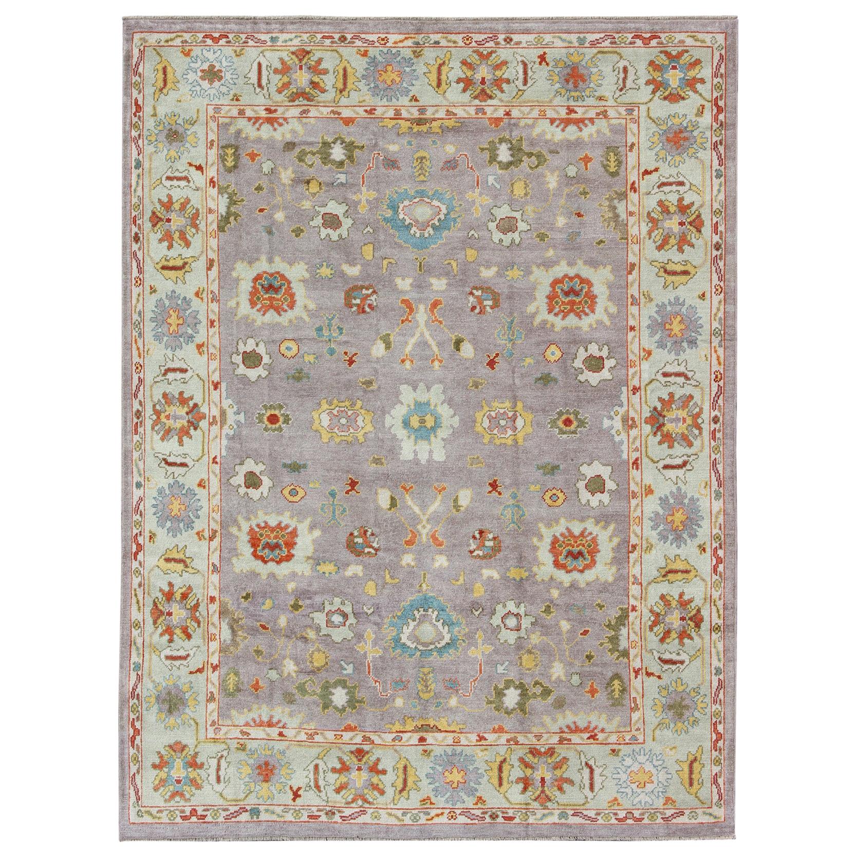 Colorful Turkish Oushak Rug with All-Over Flower Design in Lavender, Light Green For Sale
