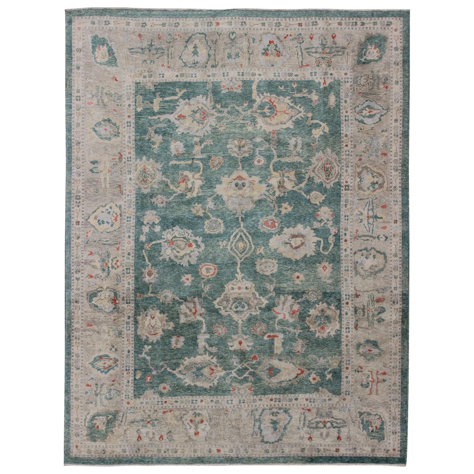 Green Color Turkish Oushak Rug Made with Hand Spun Wool & All-Over Design For Sale