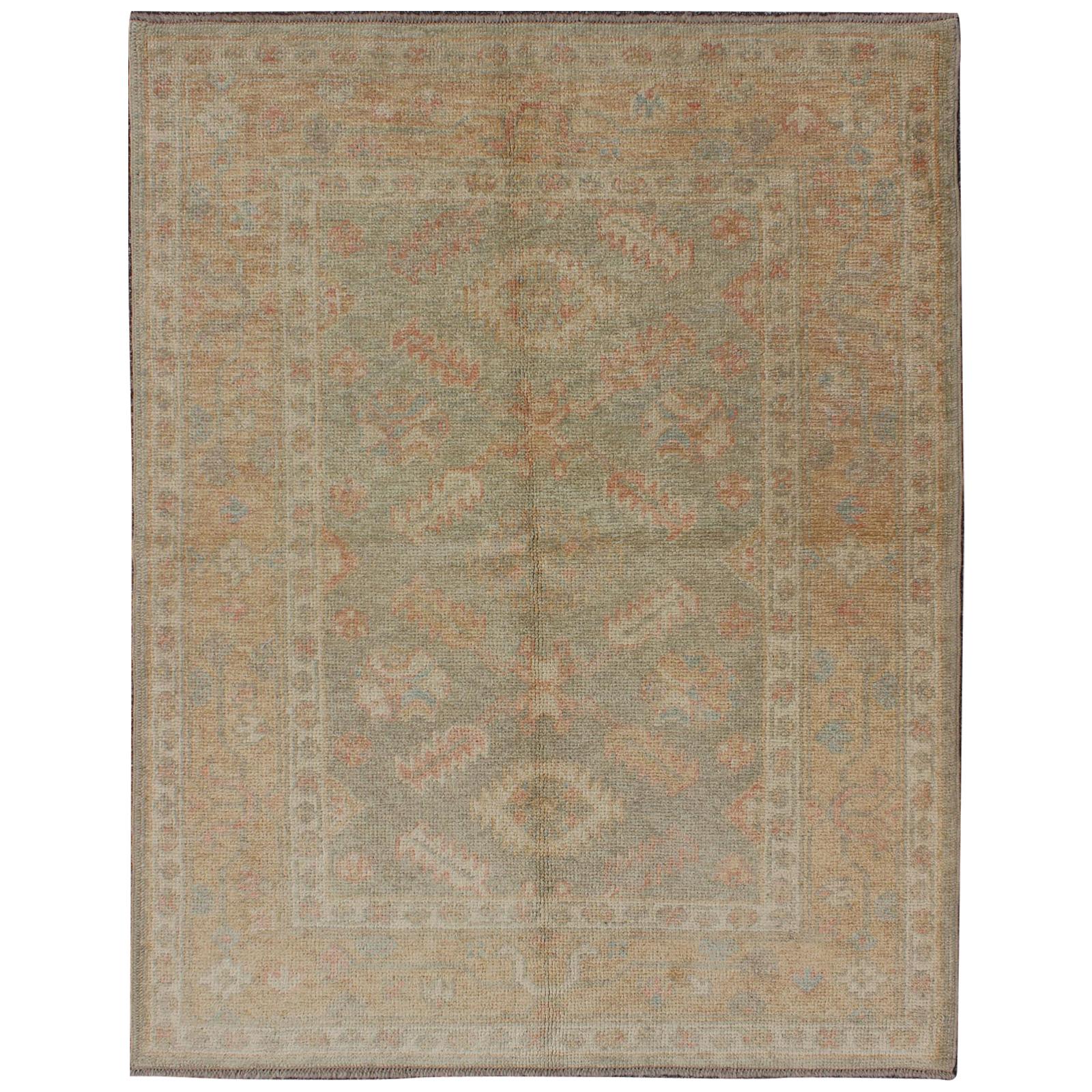 Turkish Oushak Rug with Neutral Color Palette and All-Over Flower Design For Sale