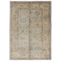 Turkish Oushak Rug with Neutral Color Palette and All-Over Flower Design