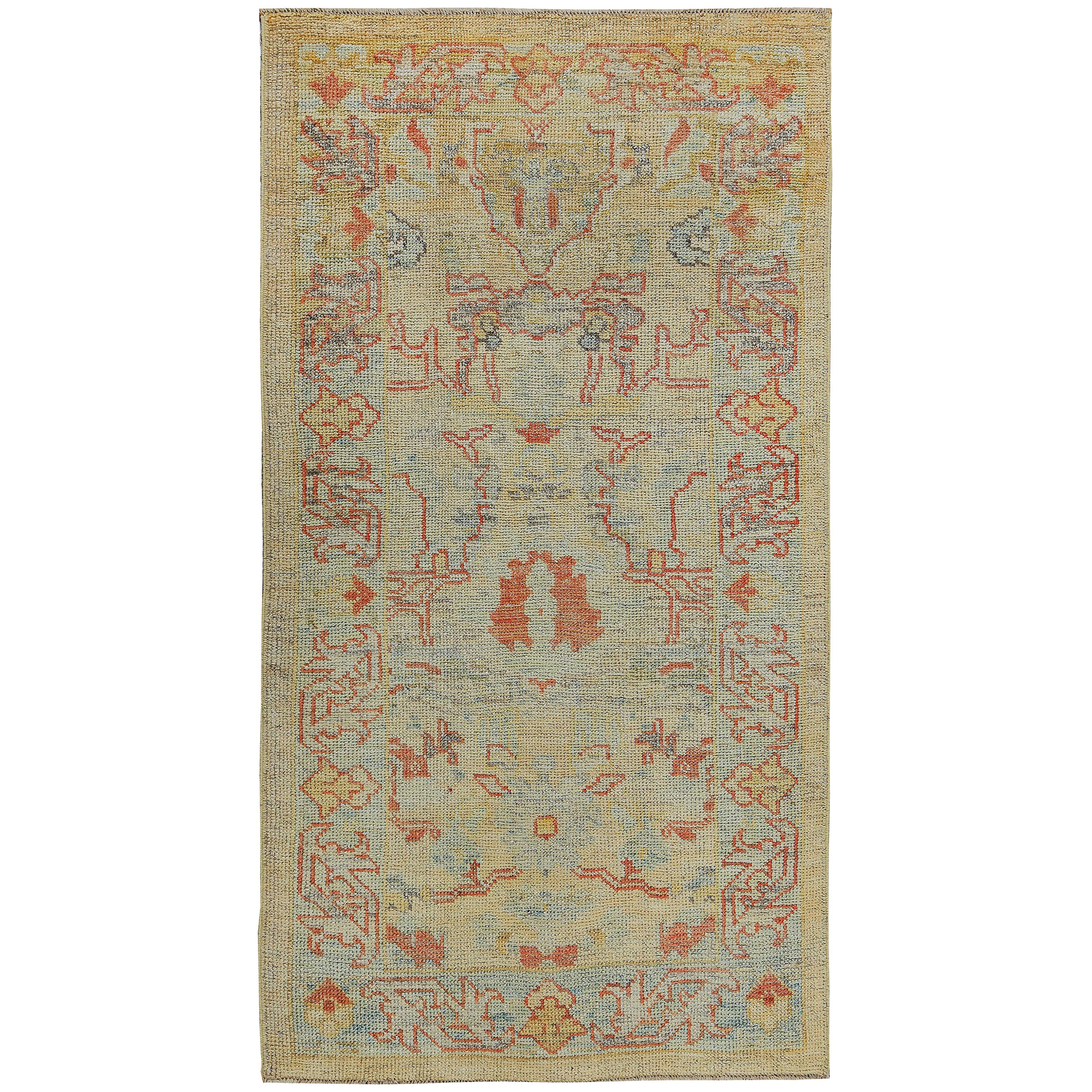Turkish Oushak Rug with Orange and Gray Floral Details on Ivory Field