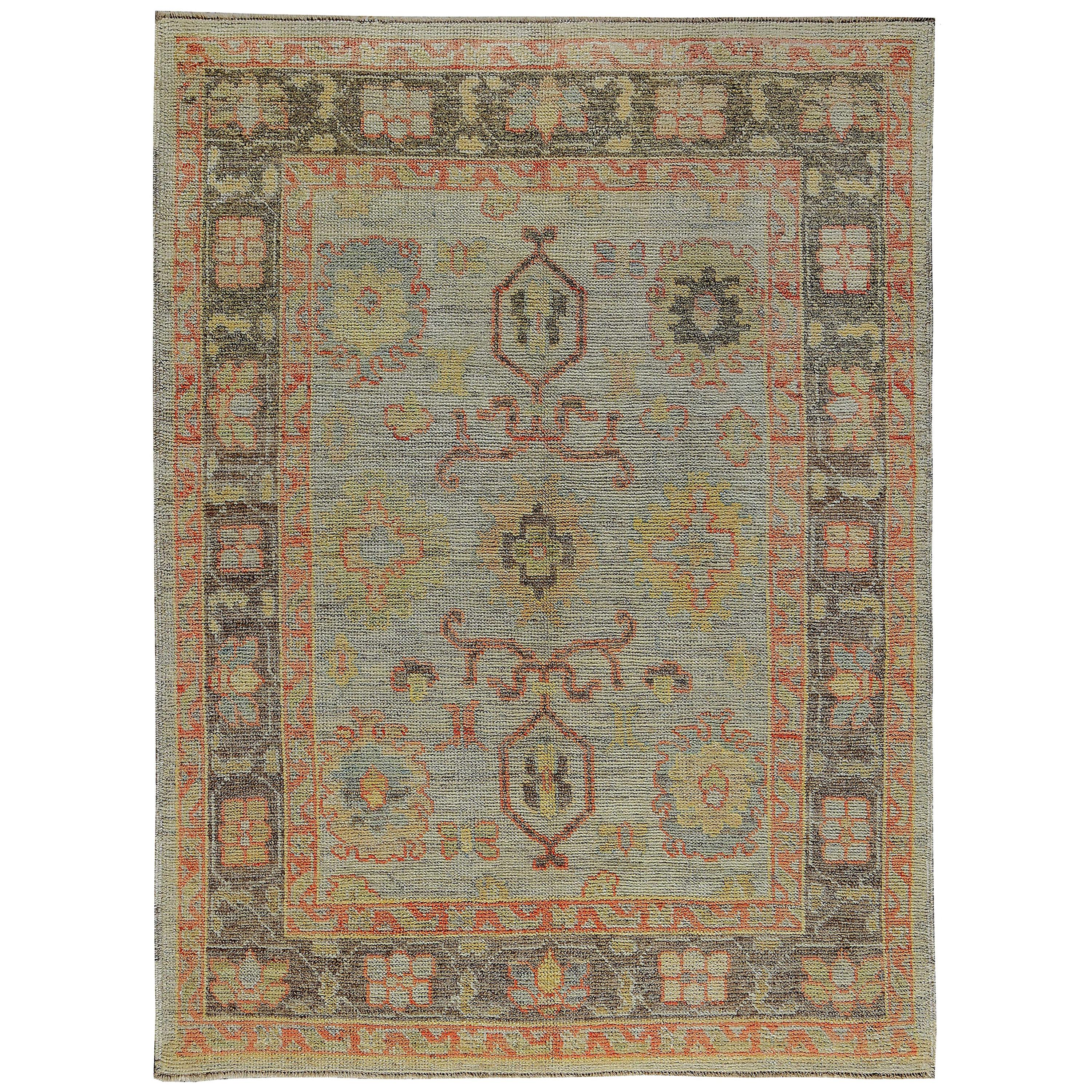 Turkish Oushak Rug with Orange and Yellow Floral Patterns on Ivory & Brown Field