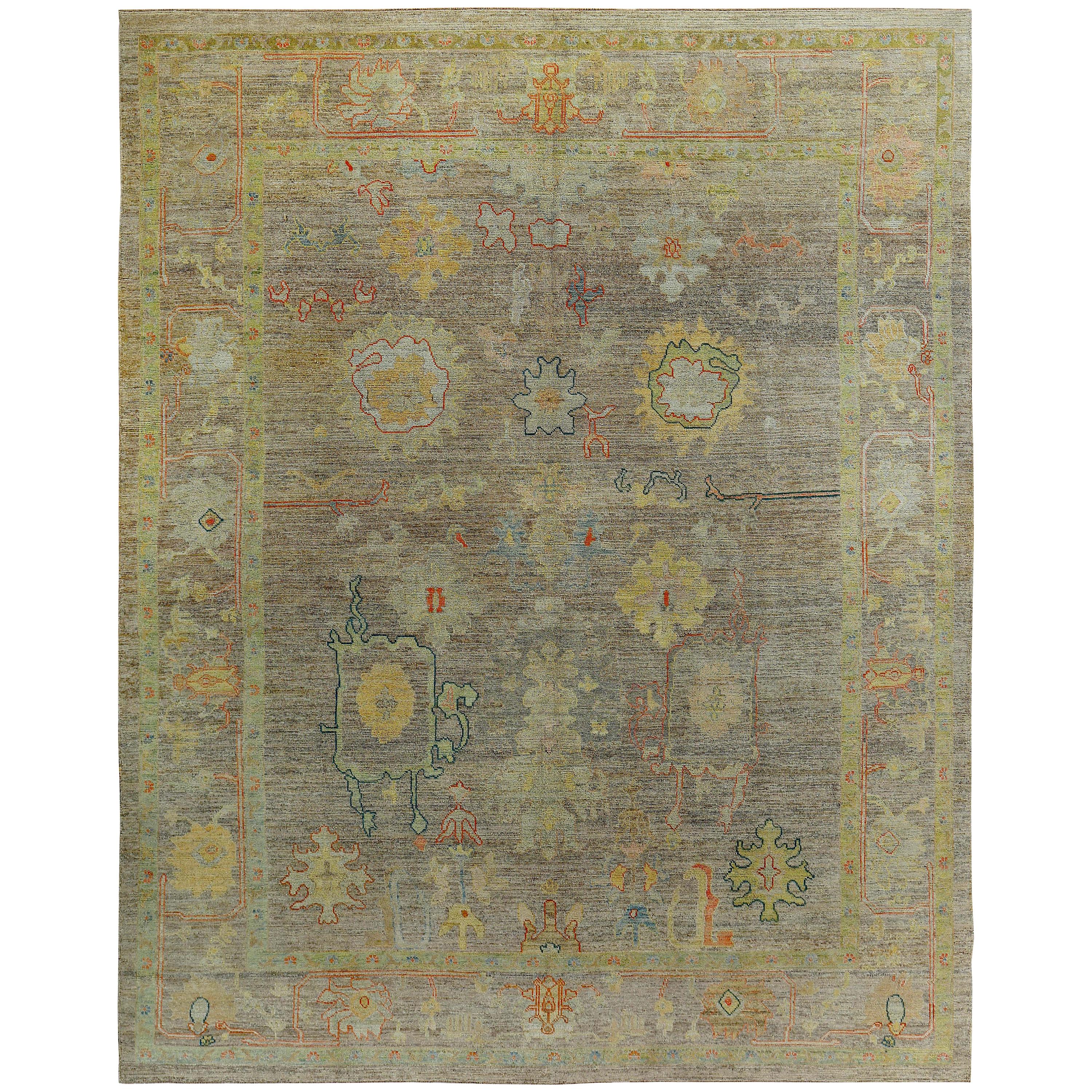 Turkish Oushak Rug with Orange and Gold Floral Details on Brown Field For Sale