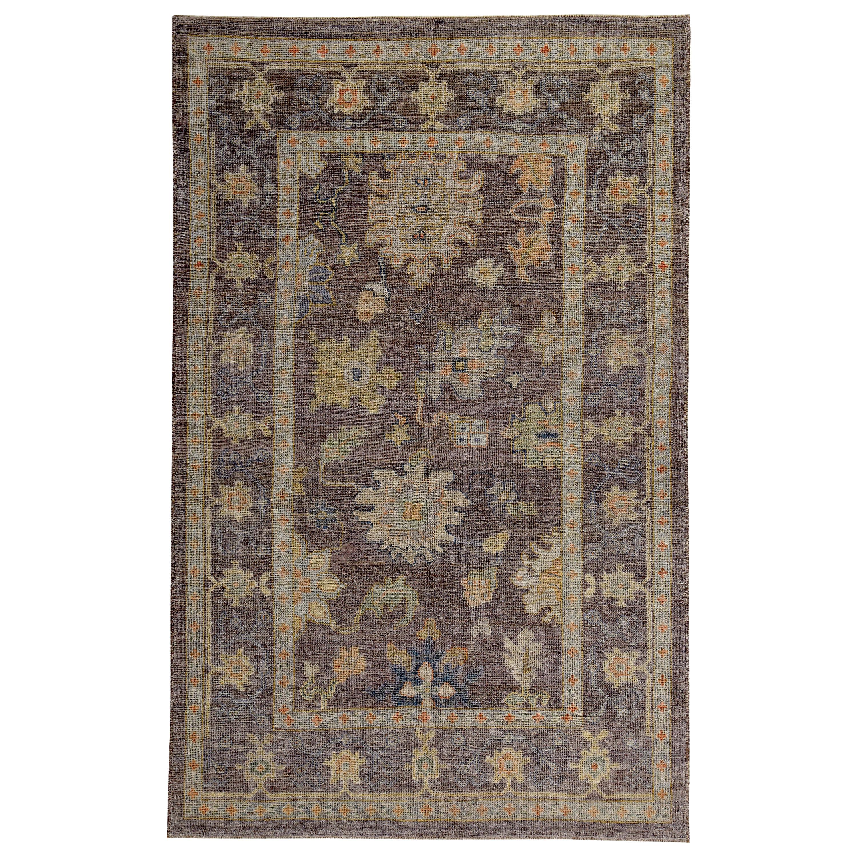 Turkish Oushak Rug with Orange, Green and Blue Flower Heads on Brown Field