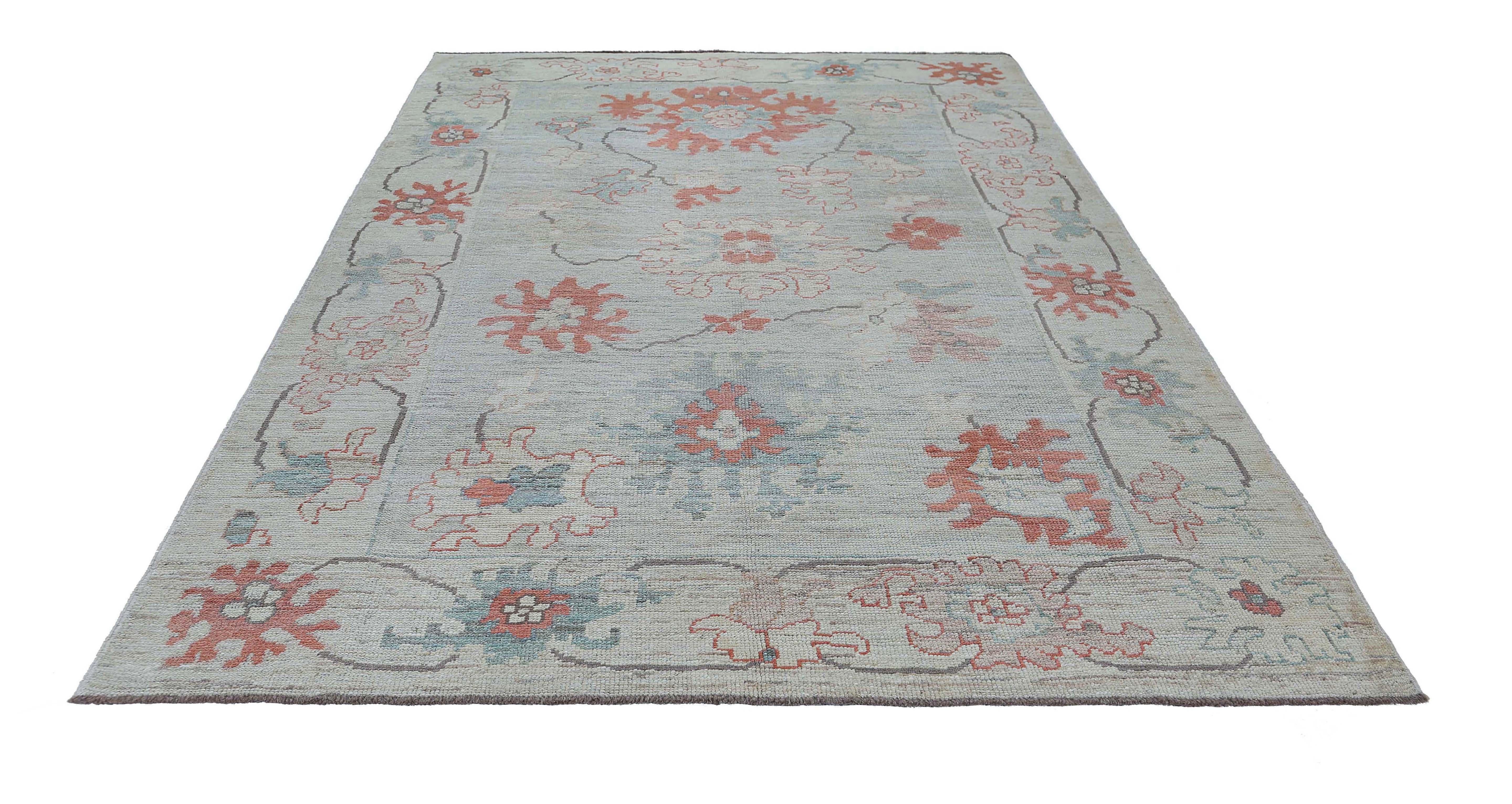 Alfombras de Afganistán Oushak Circa 1990 - Lana Azul Marfil Rojo Diseño - 95449 Afgano en venta