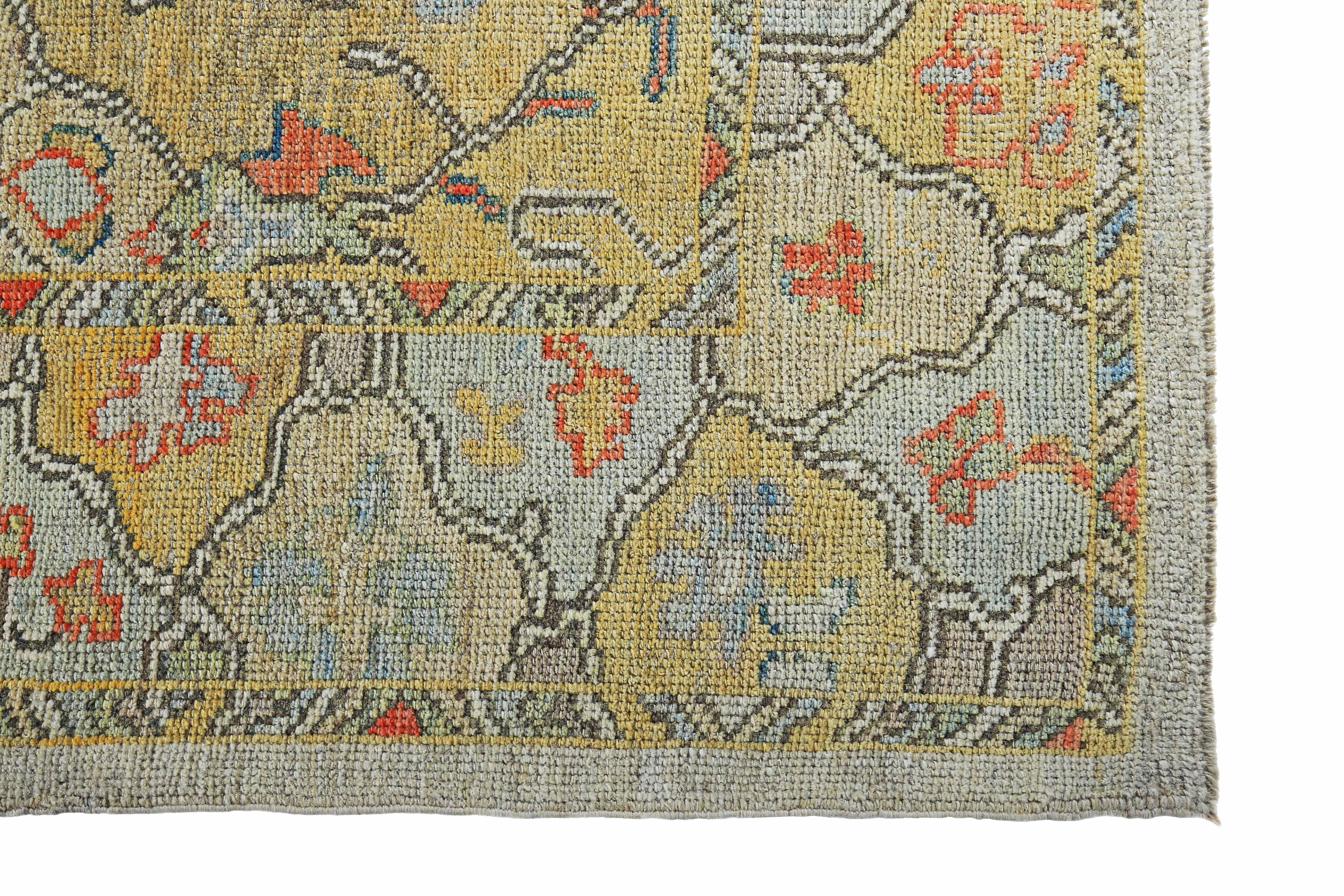 Turkish Oushak Rug with Orange and Yellow Floral Details on Ivory Field In New Condition For Sale In Dallas, TX