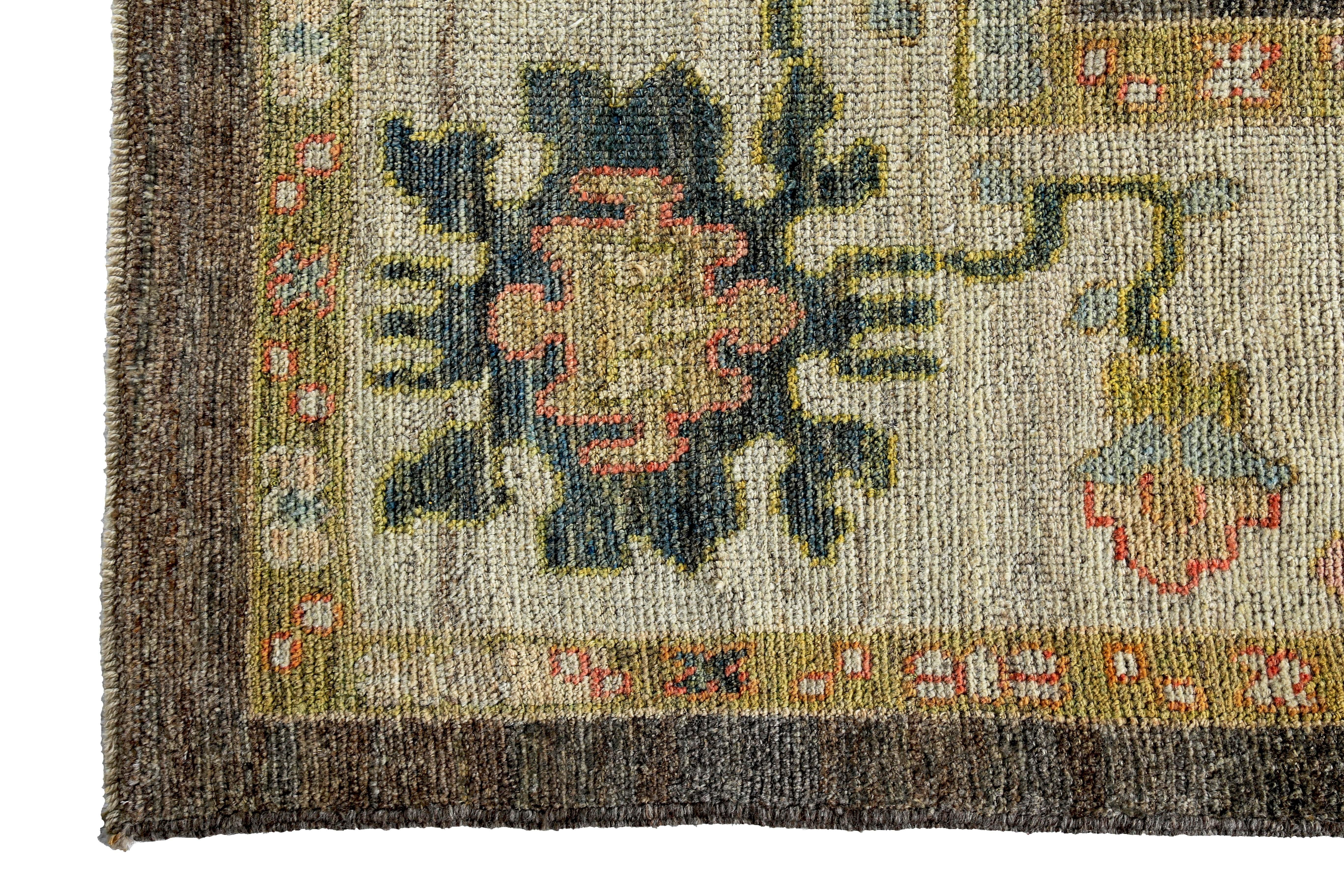 Turkish Oushak Rug with Pink and Blue Floral Details on Ivory and Brown Field In New Condition For Sale In Dallas, TX