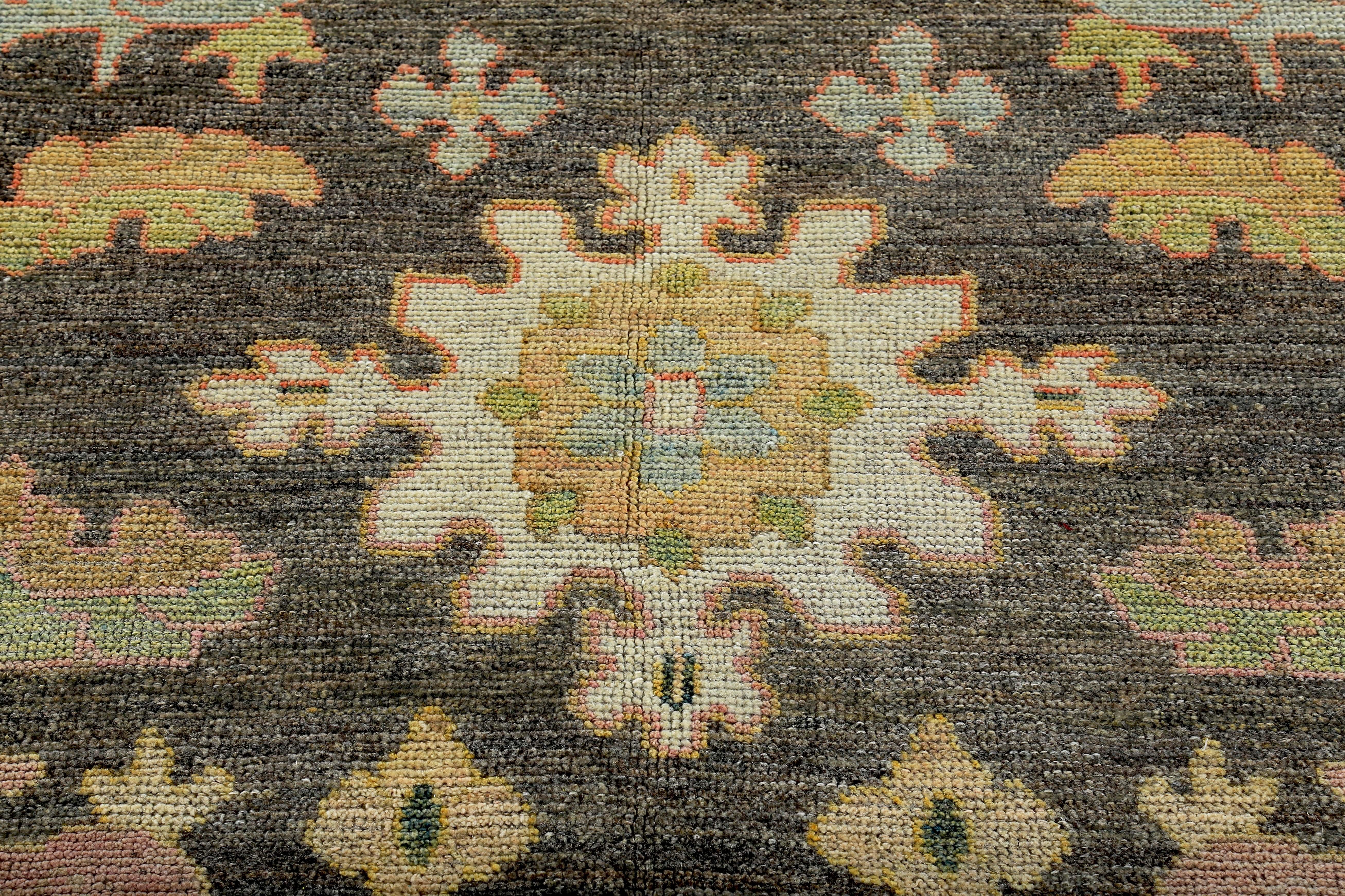 Contemporary Turkish Oushak Rug with Pink and Blue Floral Details on Ivory and Brown Field For Sale