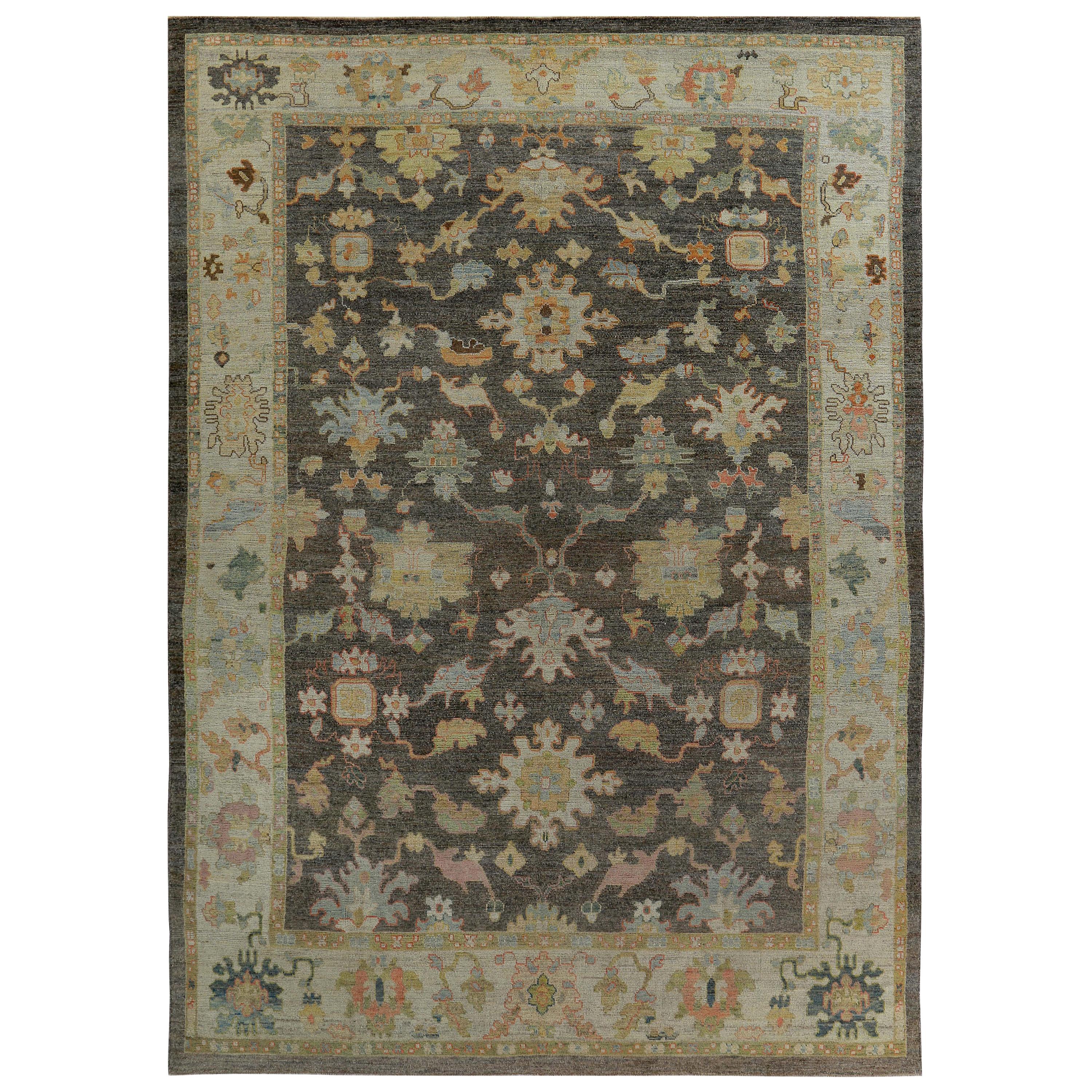 Turkish Oushak Rug with Pink and Blue Floral Details on Ivory and Brown Field For Sale