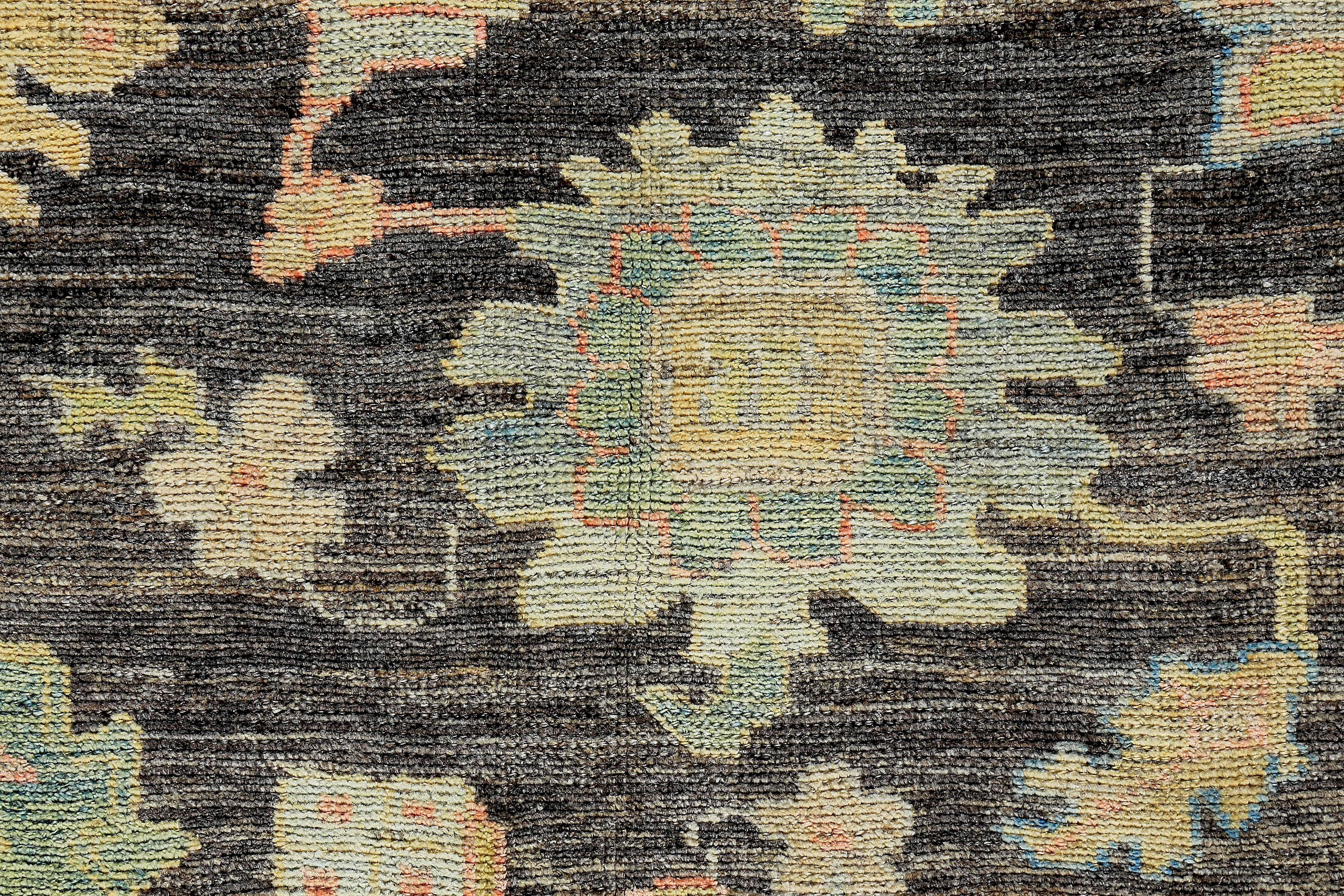Turkish Oushak Rug with Pink and Gold Floral Details on Brown Field In New Condition For Sale In Dallas, TX