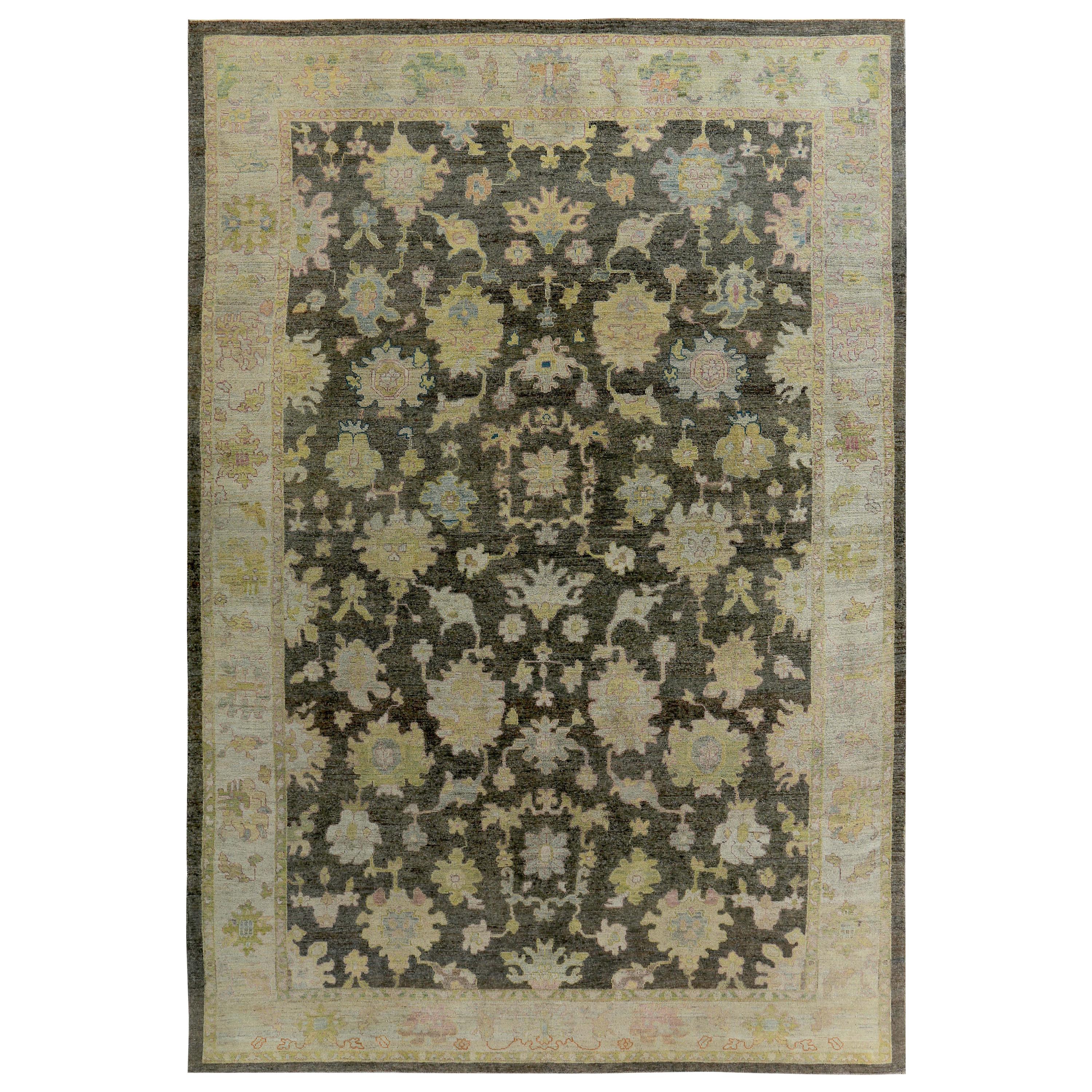 Turkish Oushak Rug with Pink & Gold Floral Details on Ivory & Brown Field For Sale