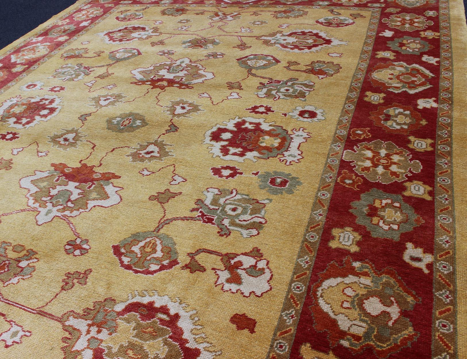 Turkish Oushak Rug with Red and Gold Color Palette and All-Over Flower Design For Sale 4