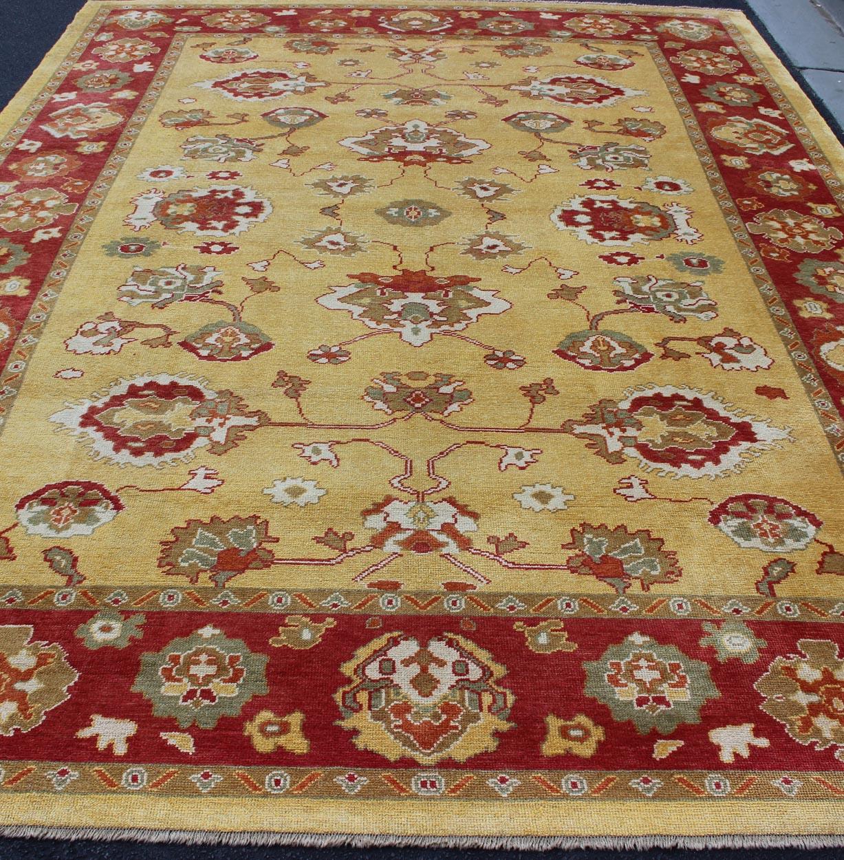 Turkish Oushak Rug with Red and Gold Color Palette and All-Over Flower Design For Sale 5