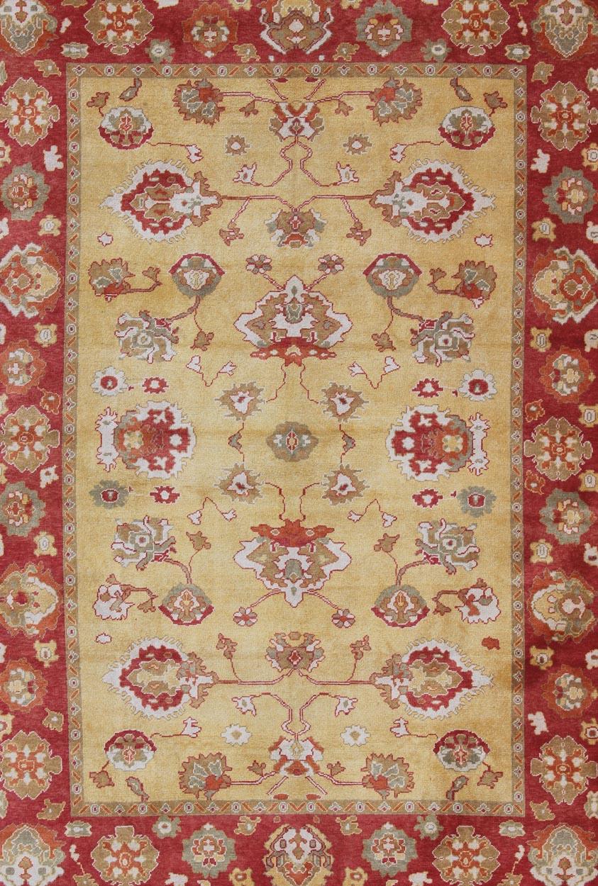 Hand-Knotted Turkish Oushak Rug with Red and Gold Color Palette and All-Over Flower Design For Sale
