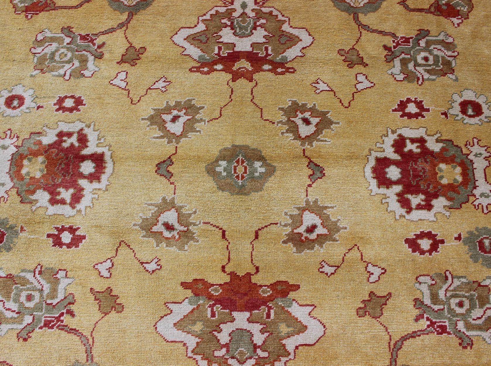 Contemporary Turkish Oushak Rug with Red and Gold Color Palette and All-Over Flower Design For Sale