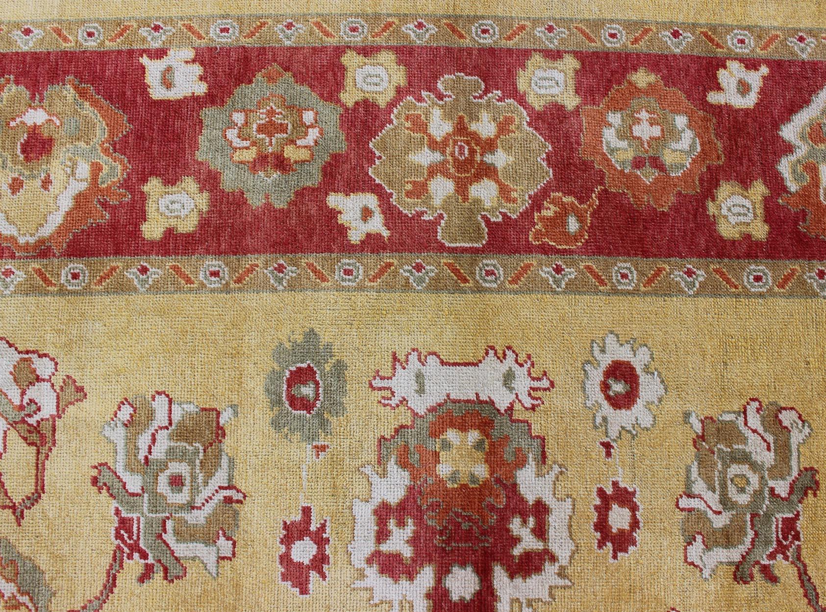 Wool Turkish Oushak Rug with Red and Gold Color Palette and All-Over Flower Design For Sale