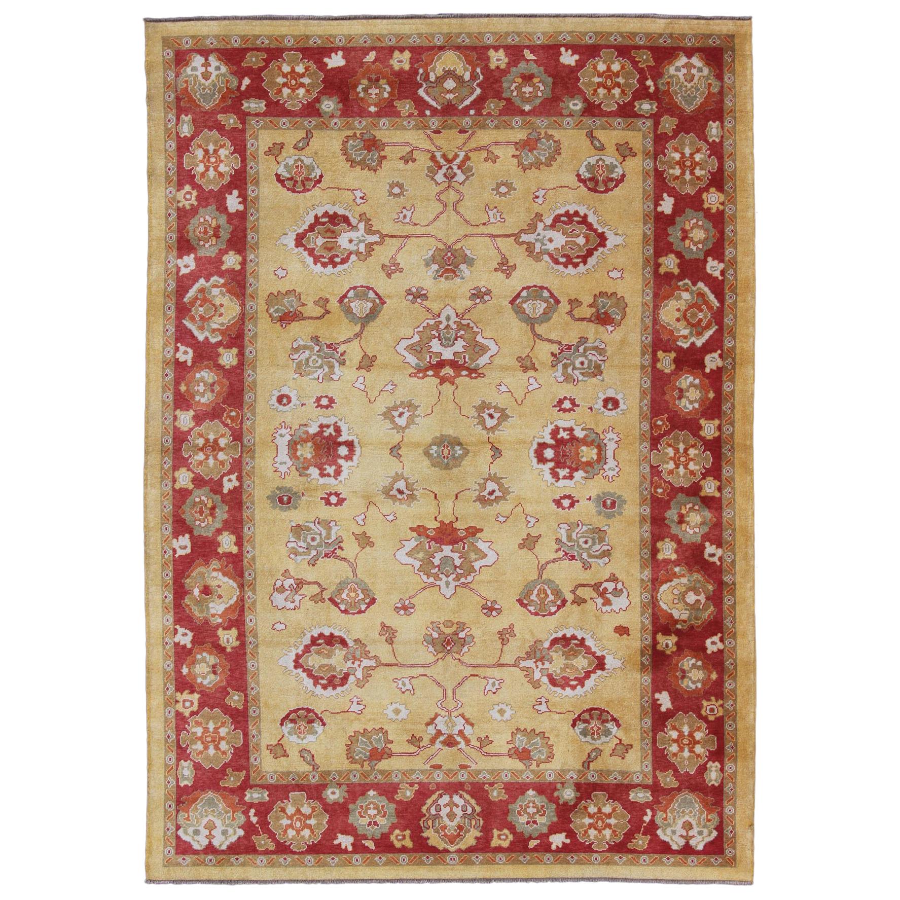 Turkish Oushak Rug with Red and Gold Color Palette and All-Over Flower Design