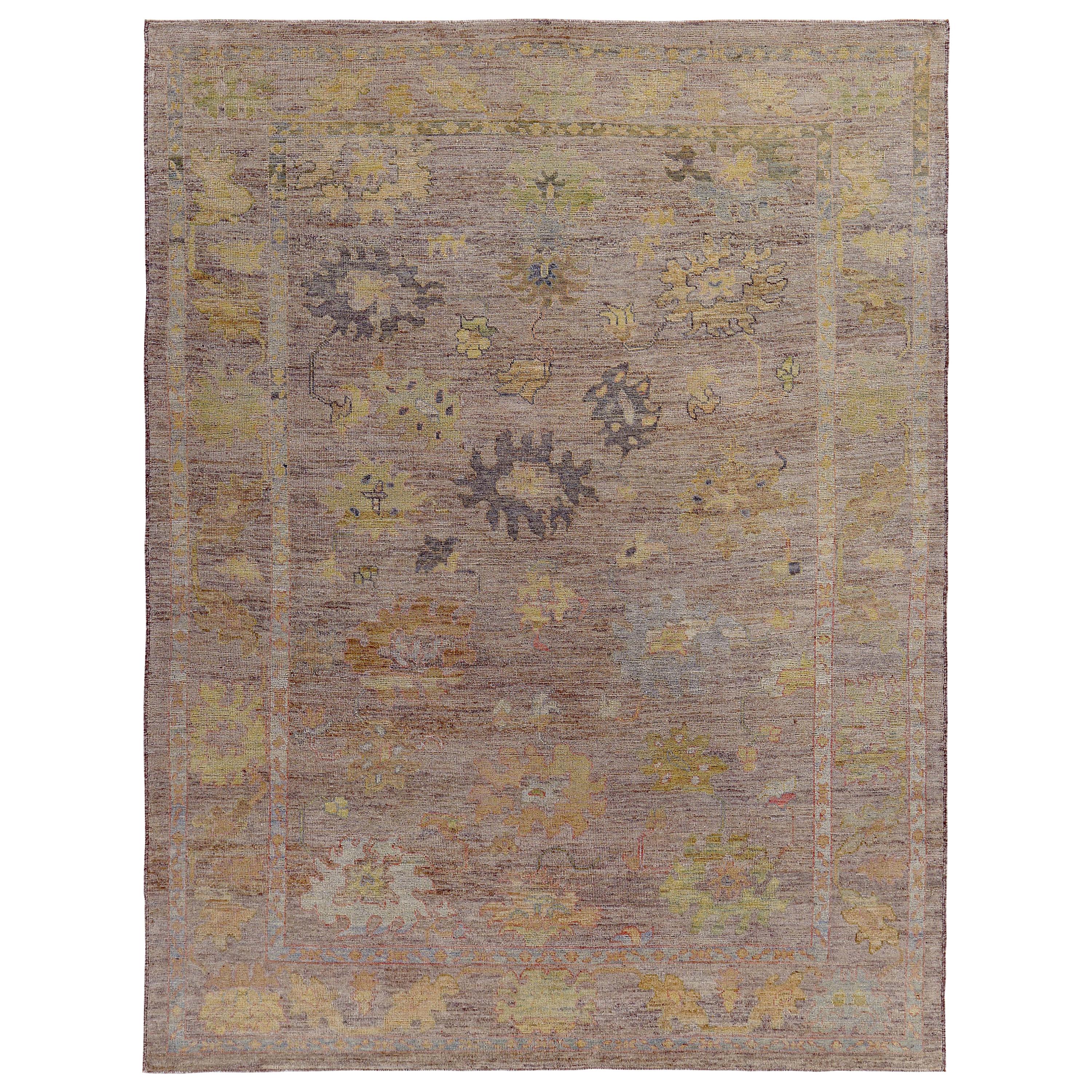 Turkish Oushak Rug with Yellow, Blue and Green Flower Heads on Brown Field