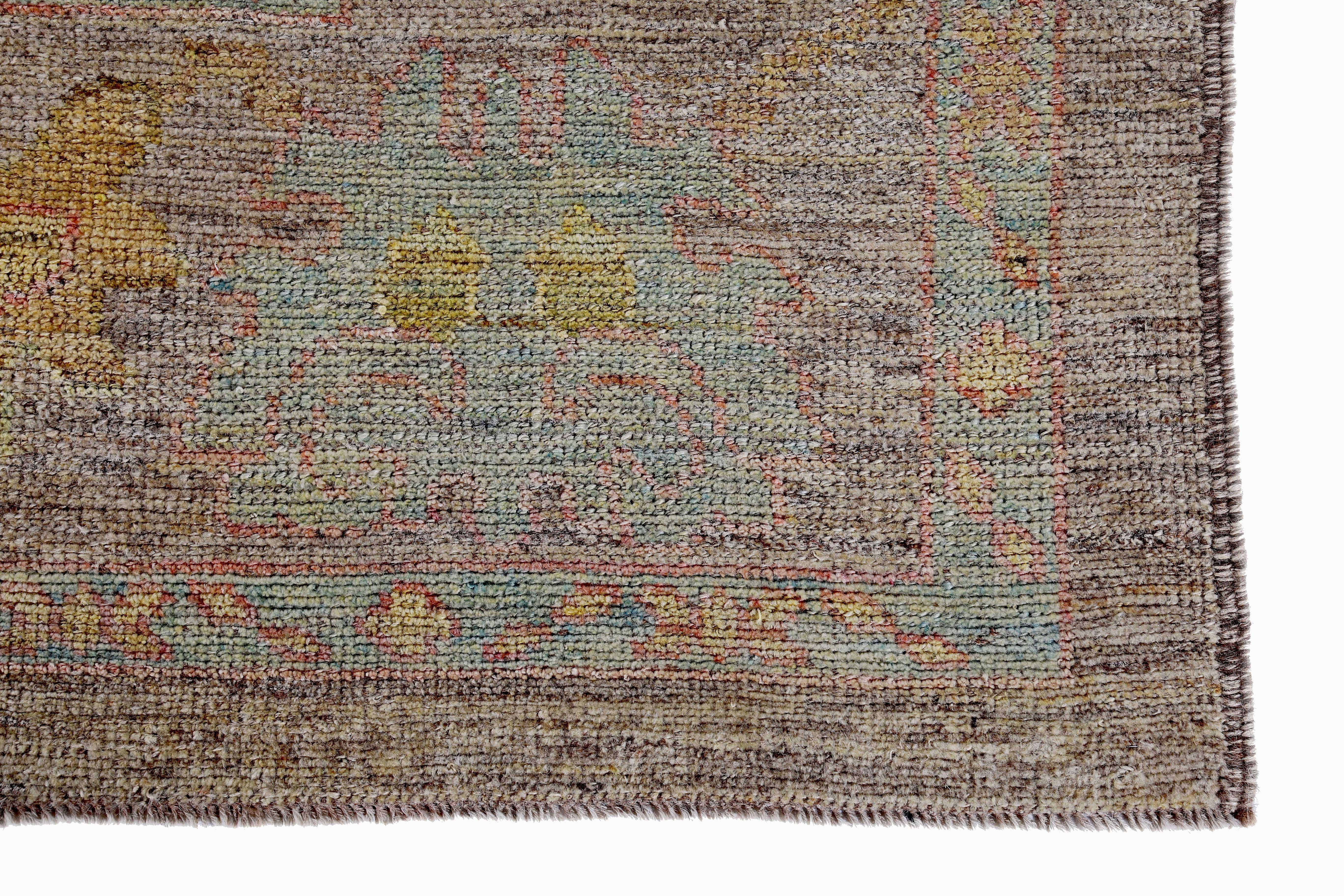 Turkish Oushak Rug with Yellow, Blue and Green Flower Heads on Brown Field In New Condition For Sale In Dallas, TX